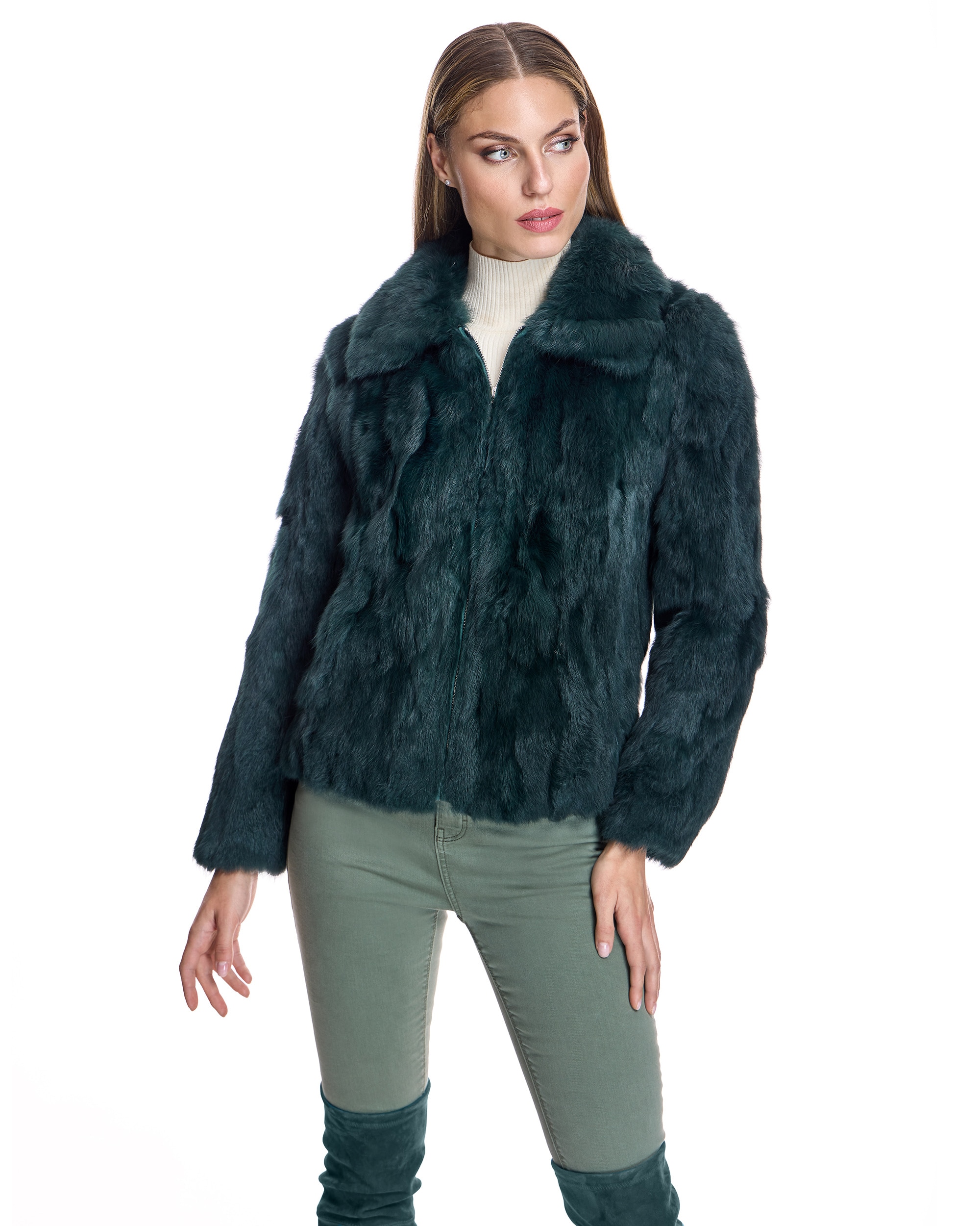 Chaqueta de mujer de pelo de retales de conejo con cremallera - Maximilian - Verde oscuro Verde oscuro-1
