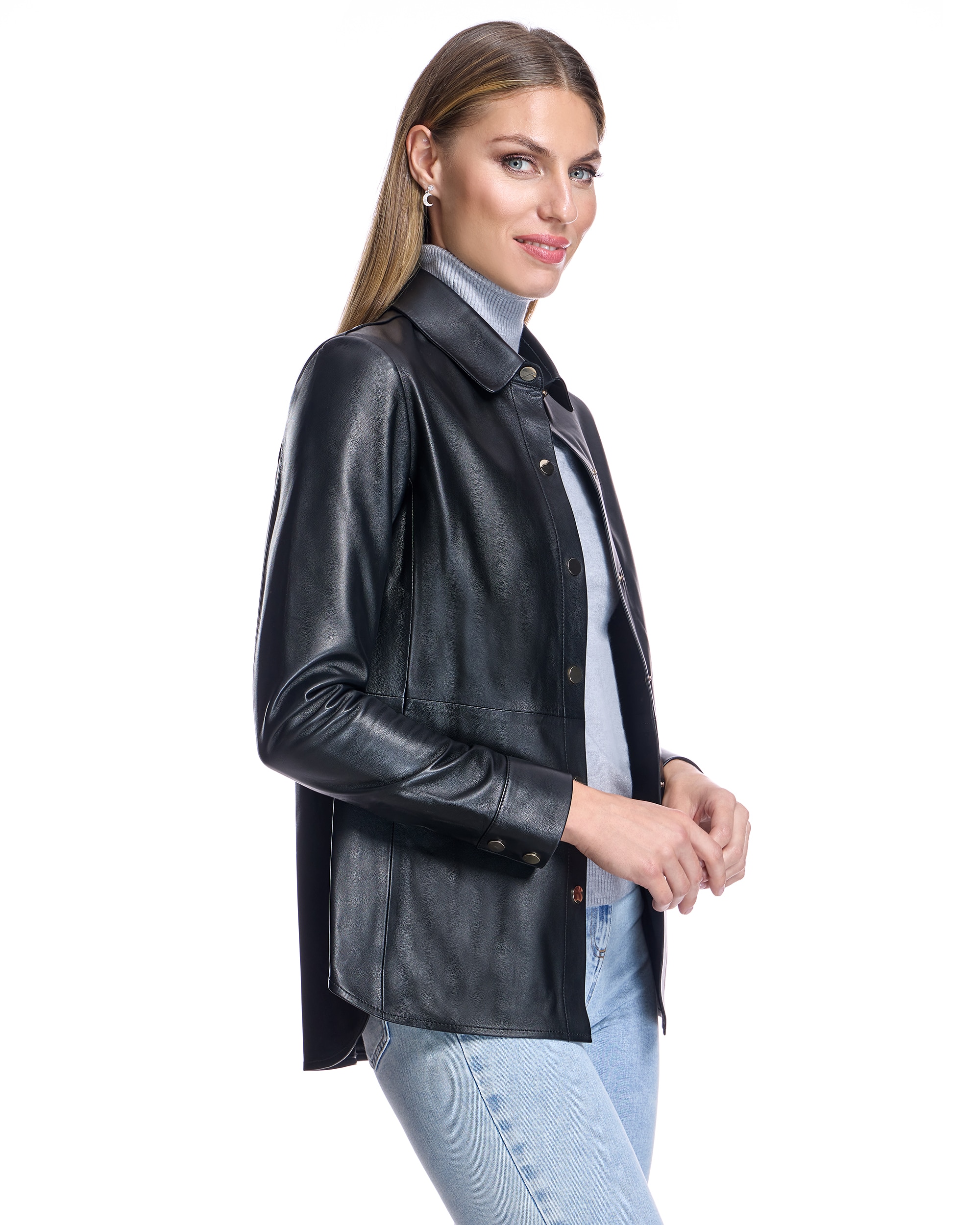 Sobrecamisa de mujer de piel con botones automáticos - Maximilian - Negro Negro-2