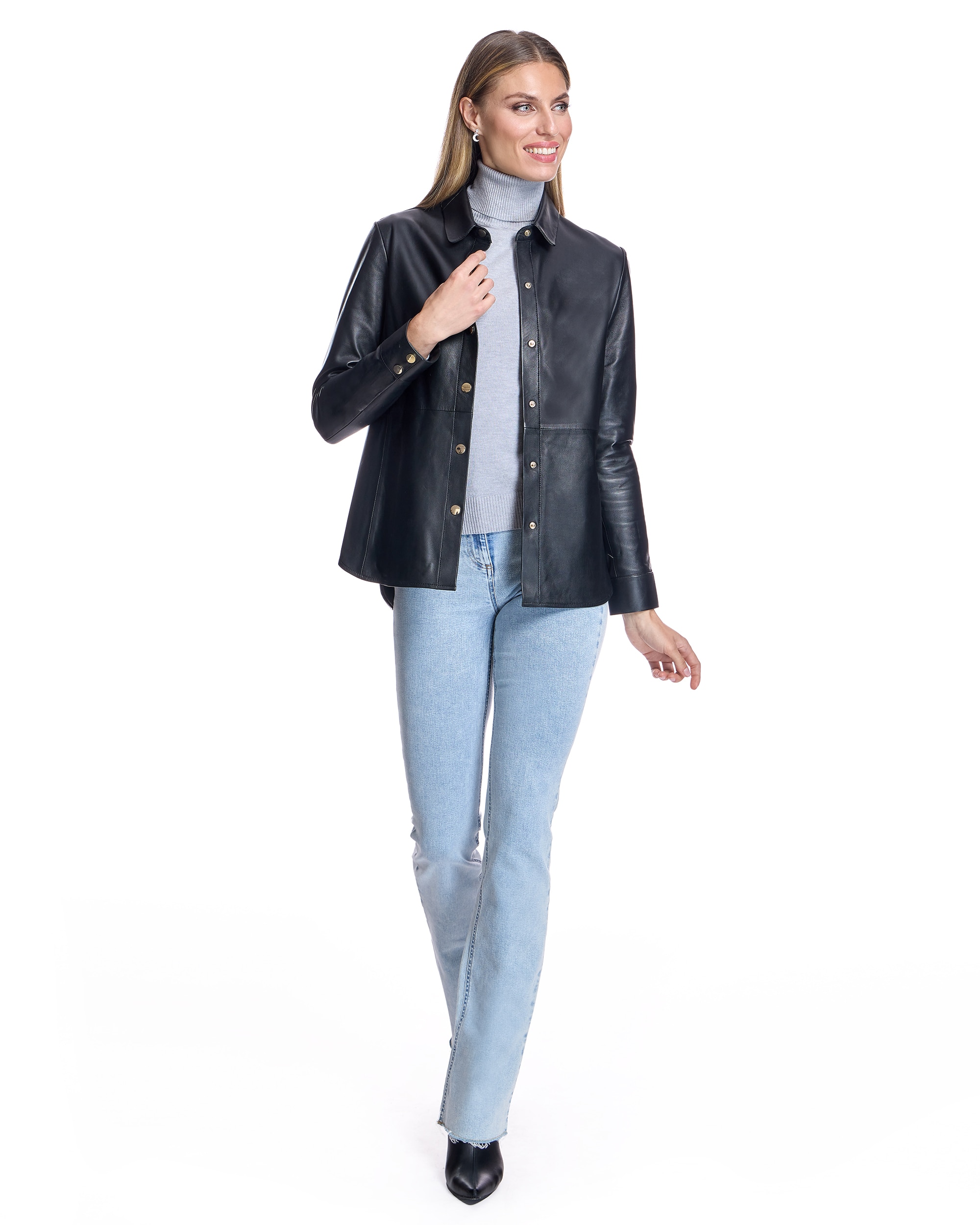 Sobrecamisa de mujer de piel con botones automáticos - Maximilian - Negro Negro-4