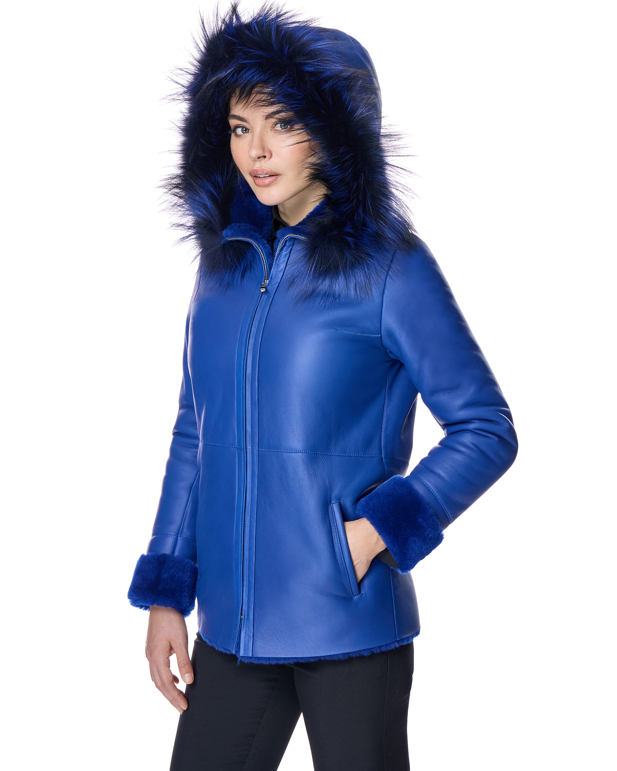 Chaqueta de piel de mujer de cuero con capucha - Maximilian - Azul Azul-2
