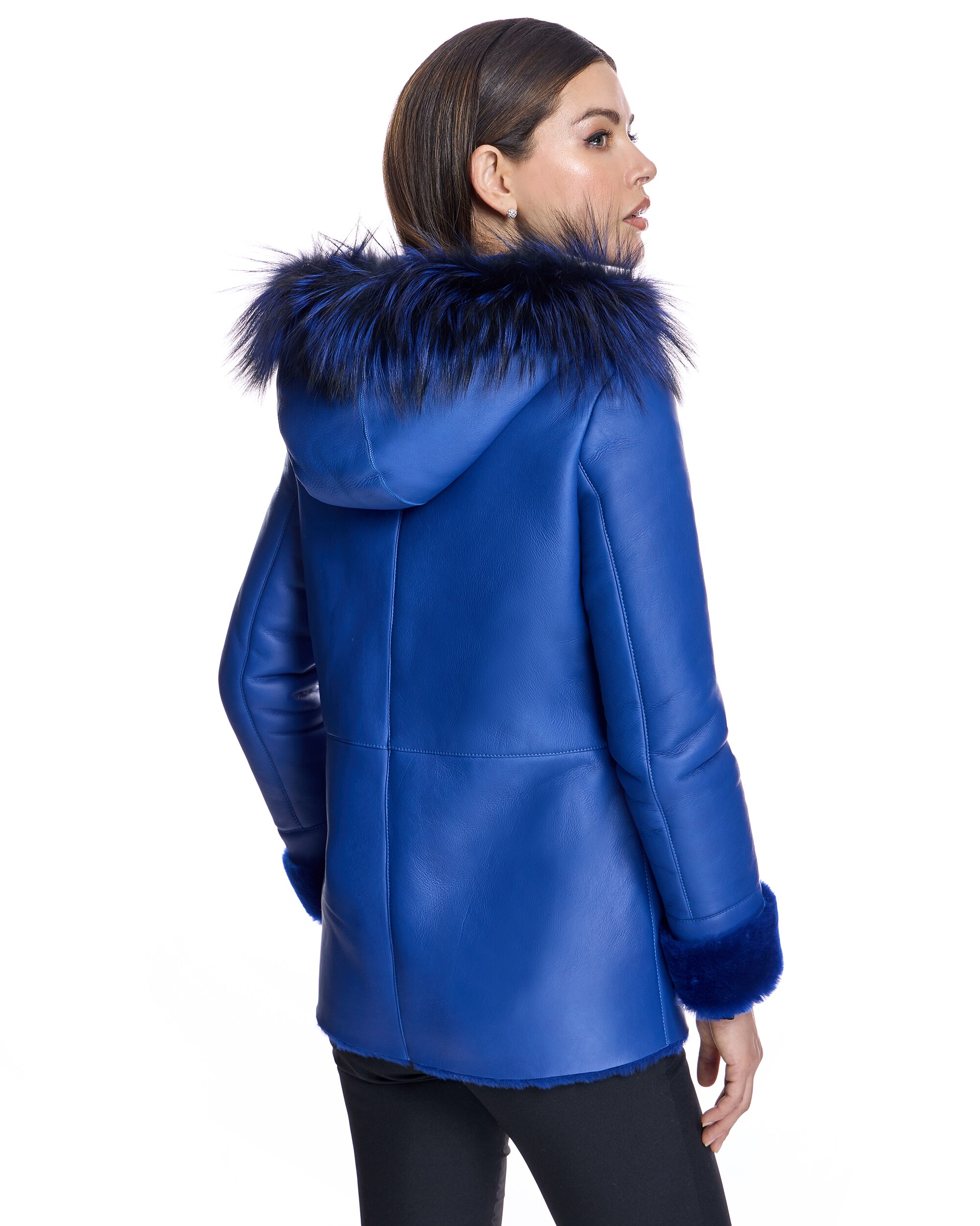 Chaqueta de piel de mujer de cuero con capucha - Maximilian - Azul Azul-3