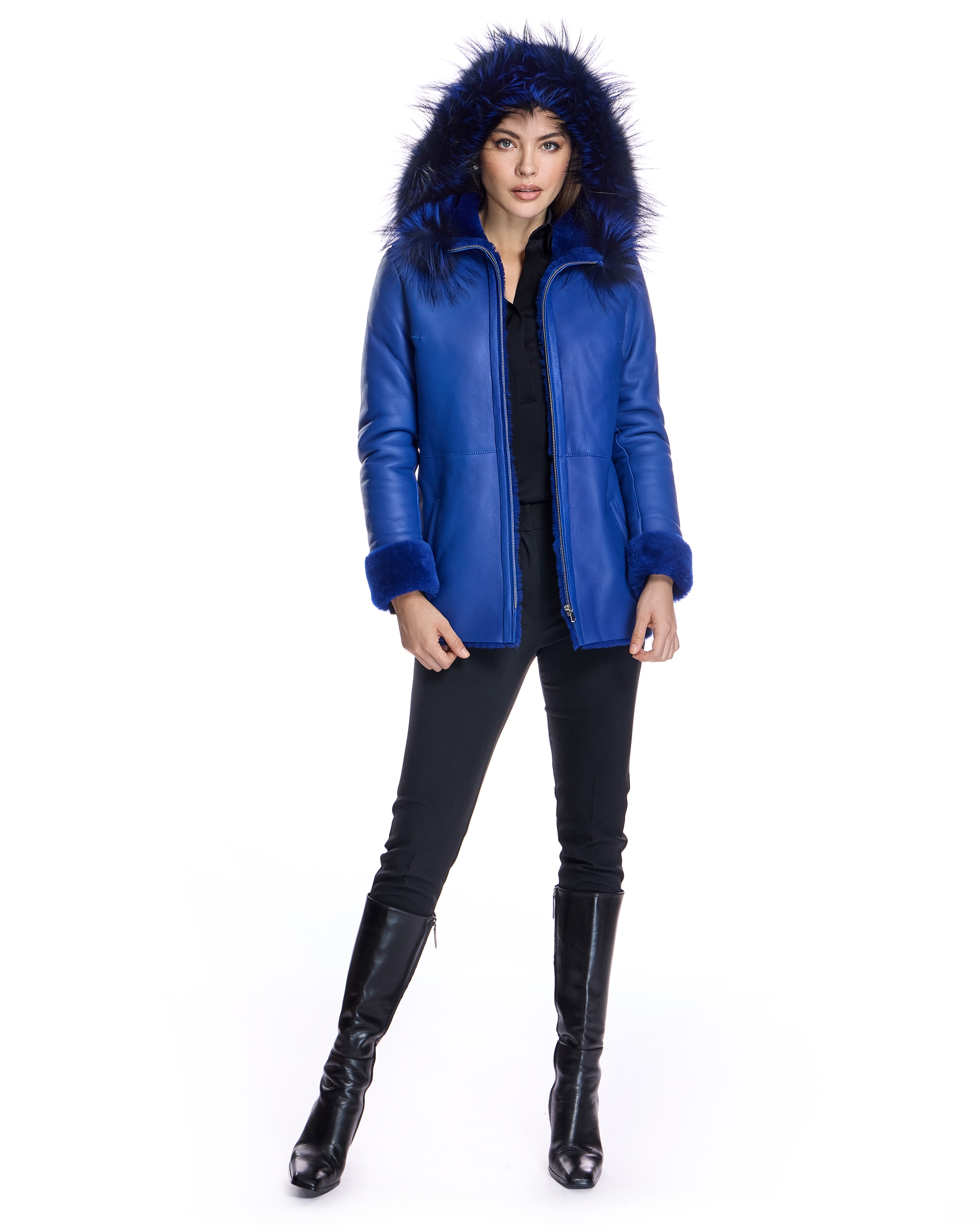 Chaqueta de piel de mujer de cuero con capucha - Maximilian - Azul Azul-4