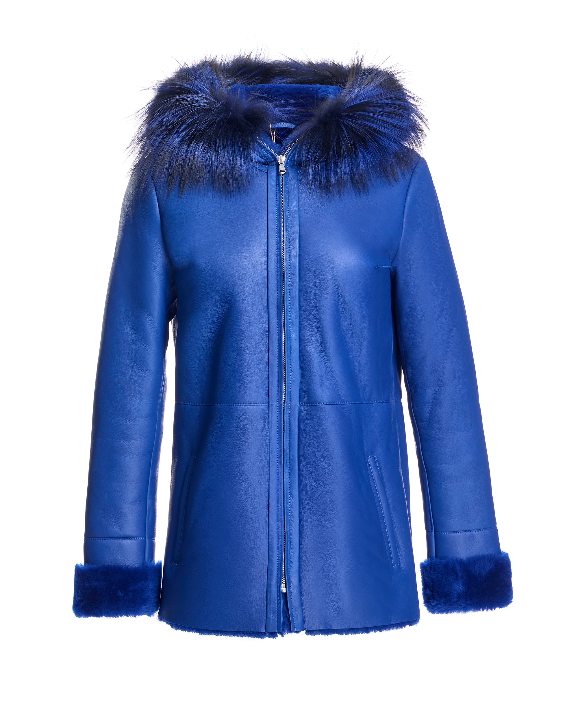 Chaqueta de piel de mujer de cuero con capucha - Maximilian - Azul Azul-6