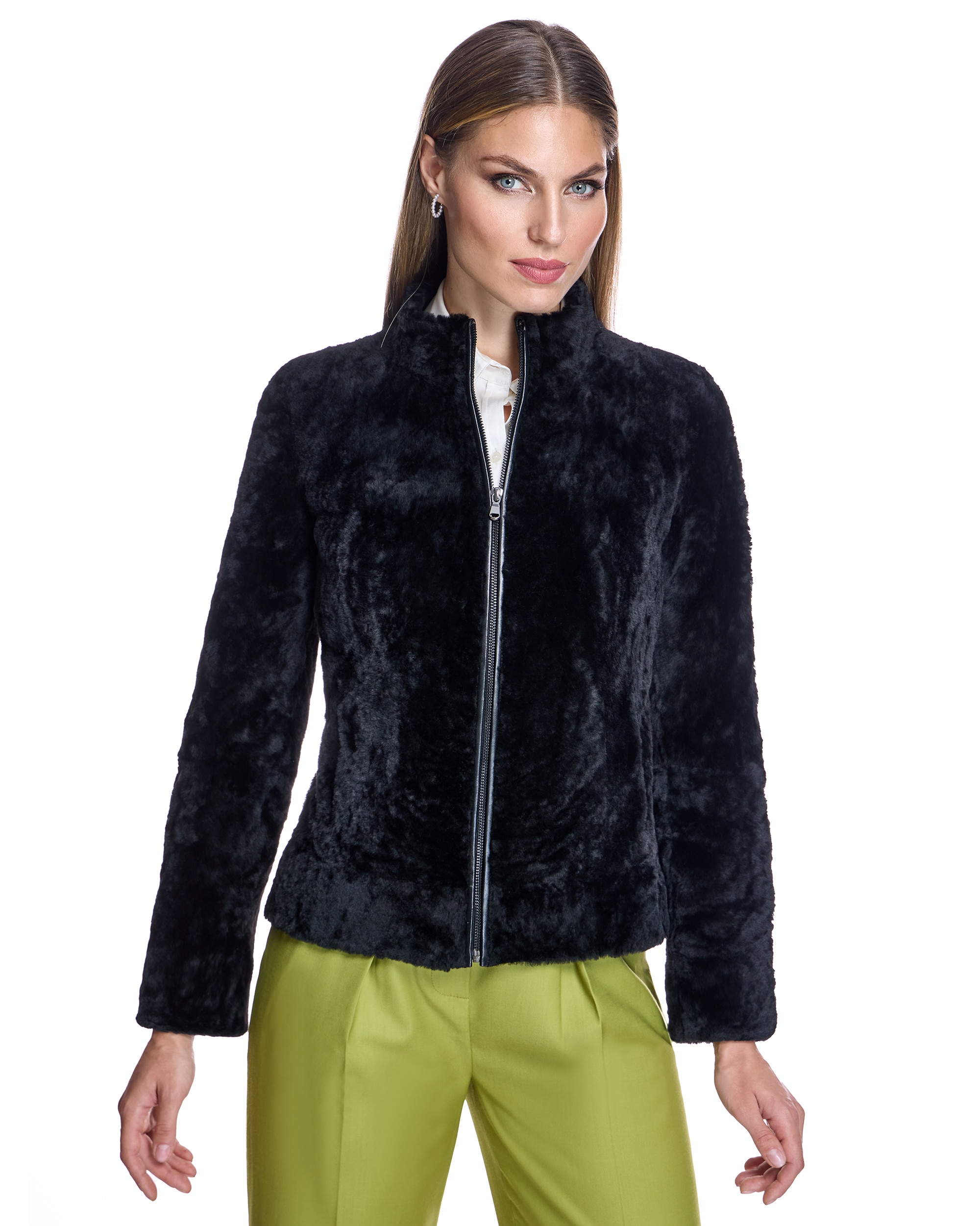 Chaqueta de piel de mujer de cordero con cremallera - Maximilian - Negro Negro-1