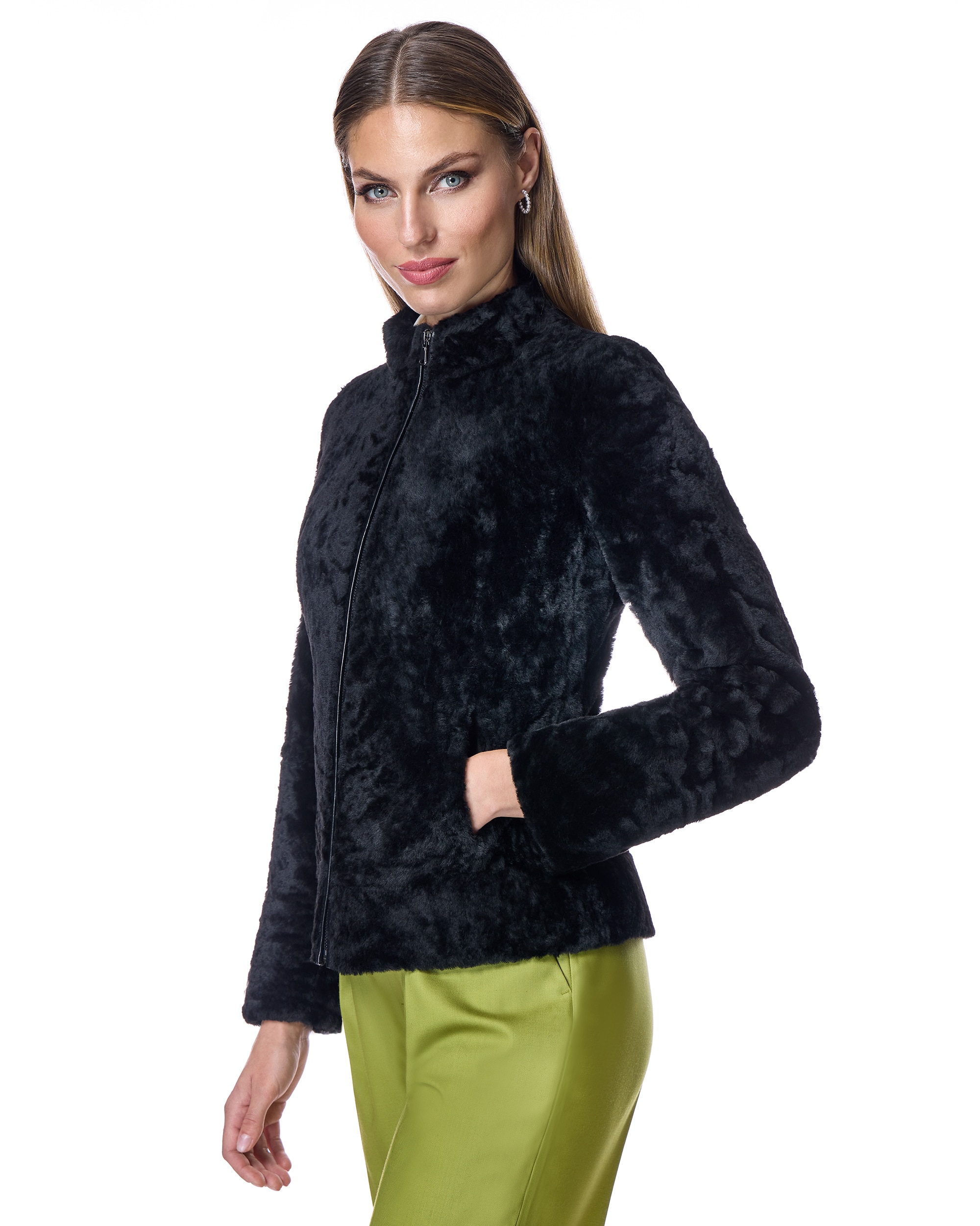 Chaqueta de piel de mujer de cordero con cremallera - Maximilian - Negro Negro-2