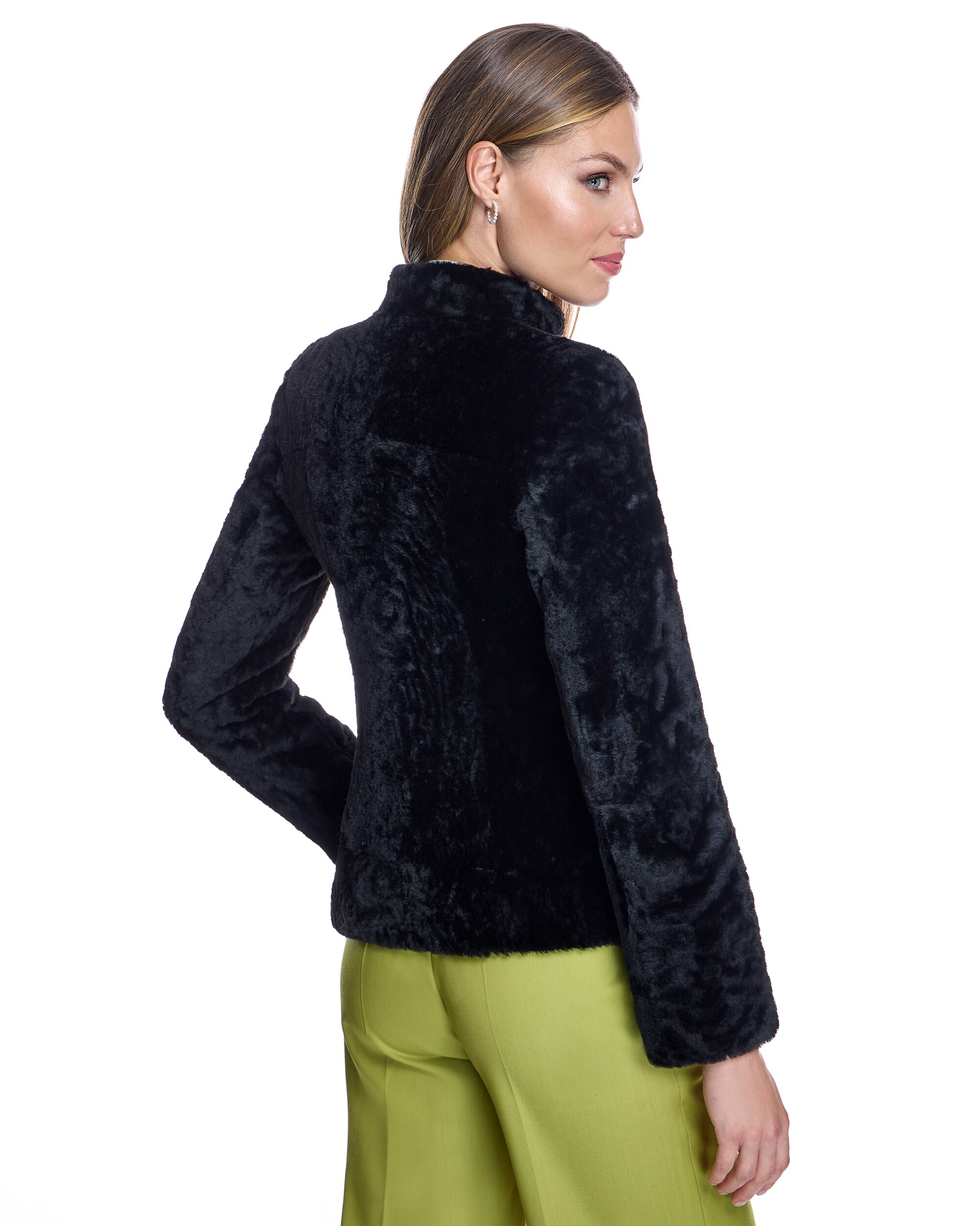 Chaqueta de piel de mujer de cordero con cremallera - Maximilian - Negro Negro-3