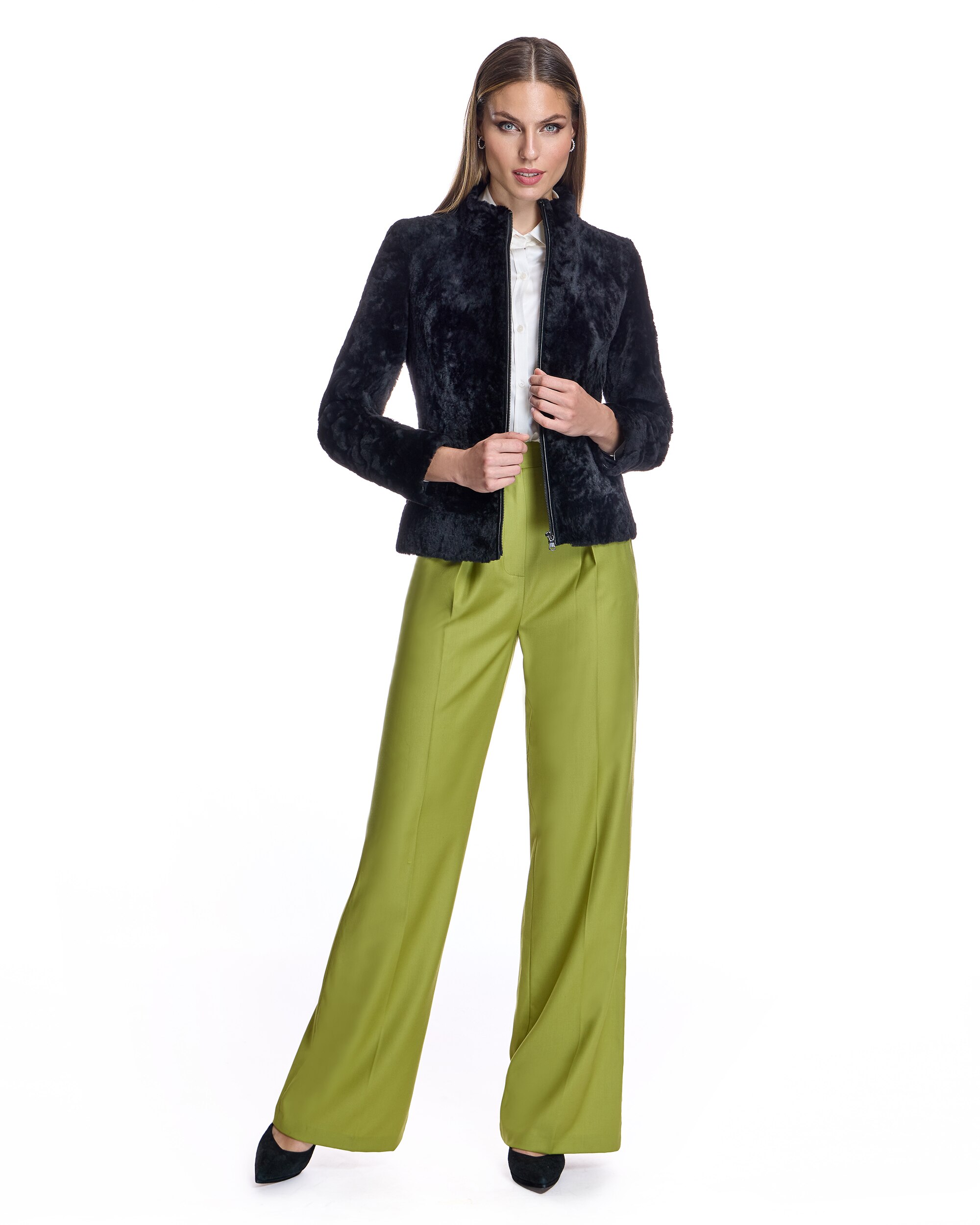 Chaqueta de piel de mujer de cordero con cremallera - Maximilian - Negro Negro-4