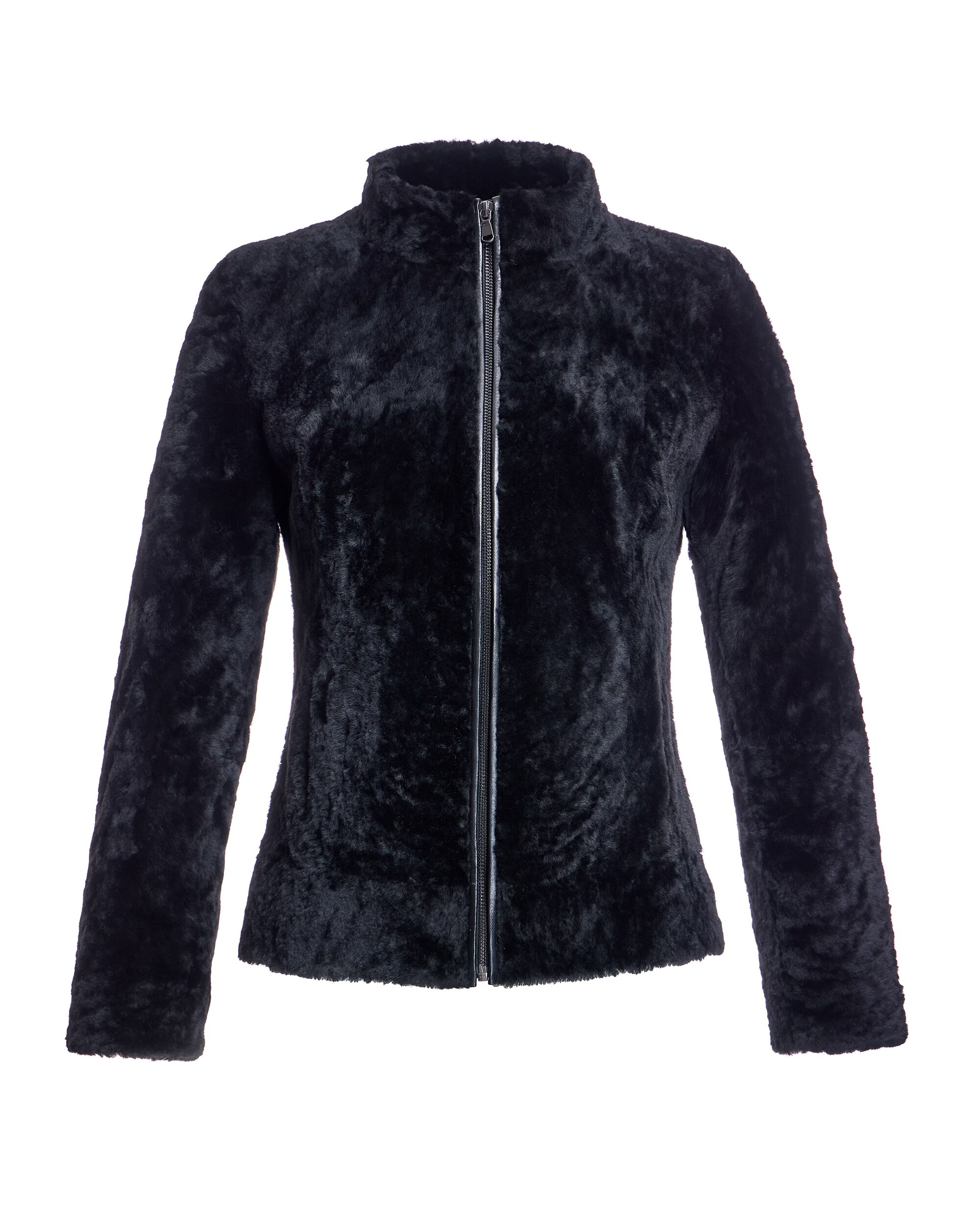 Chaqueta de piel de mujer de cordero con cremallera - Maximilian - Negro Negro-6