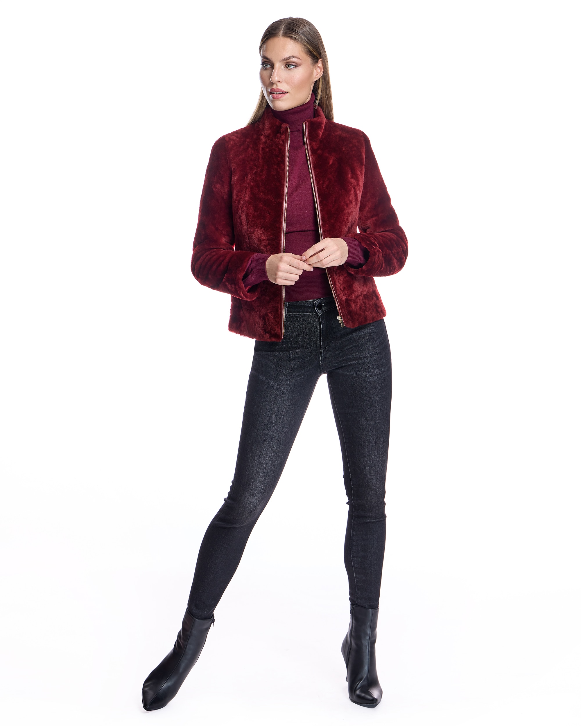Chaqueta de piel de mujer de cordero con cremallera - Maximilian - Rojo Rojo-4
