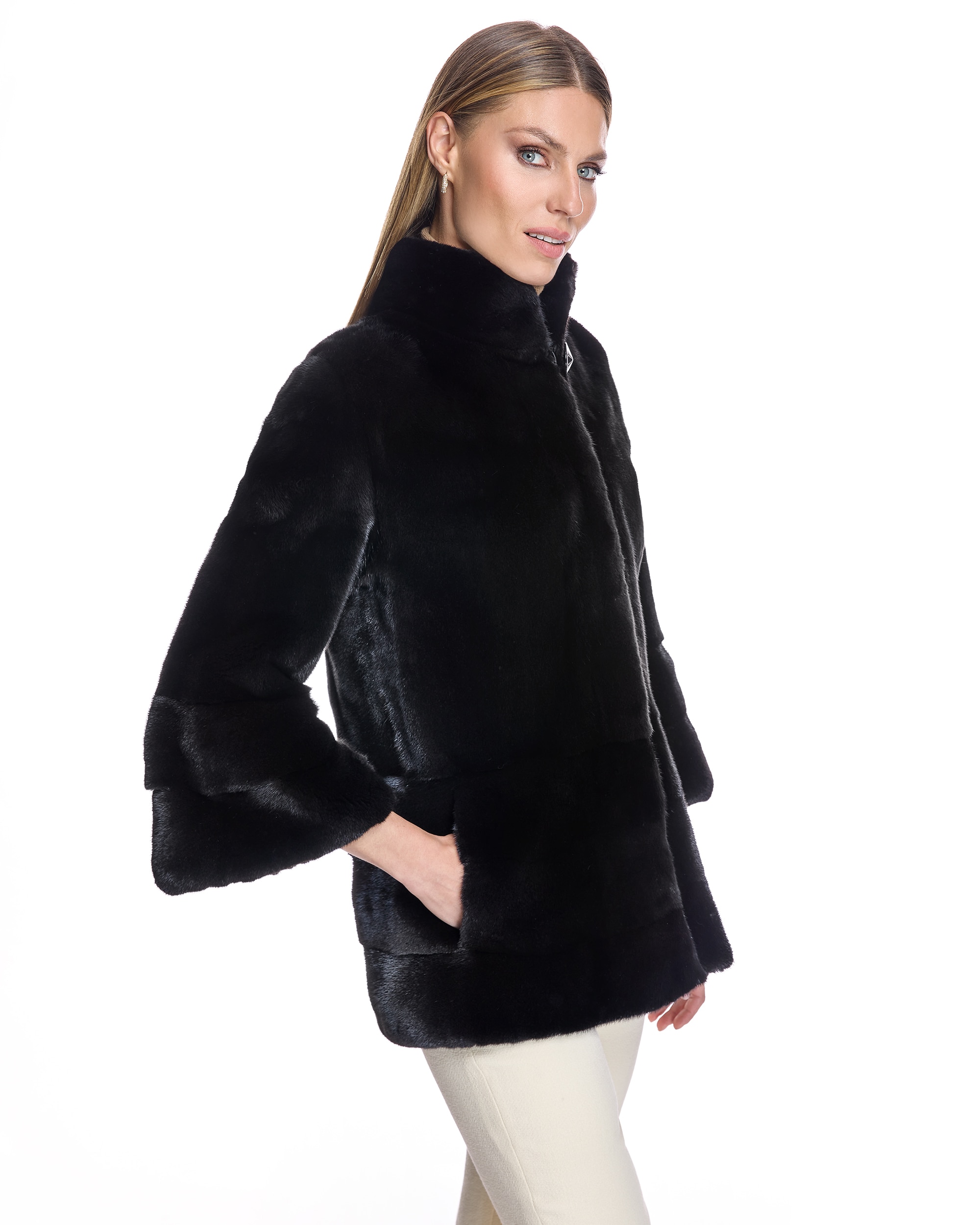 Chaqueta de pelo de mujer de visón con bajo y puños en horizontal - Maximilian - Negro Negro-2