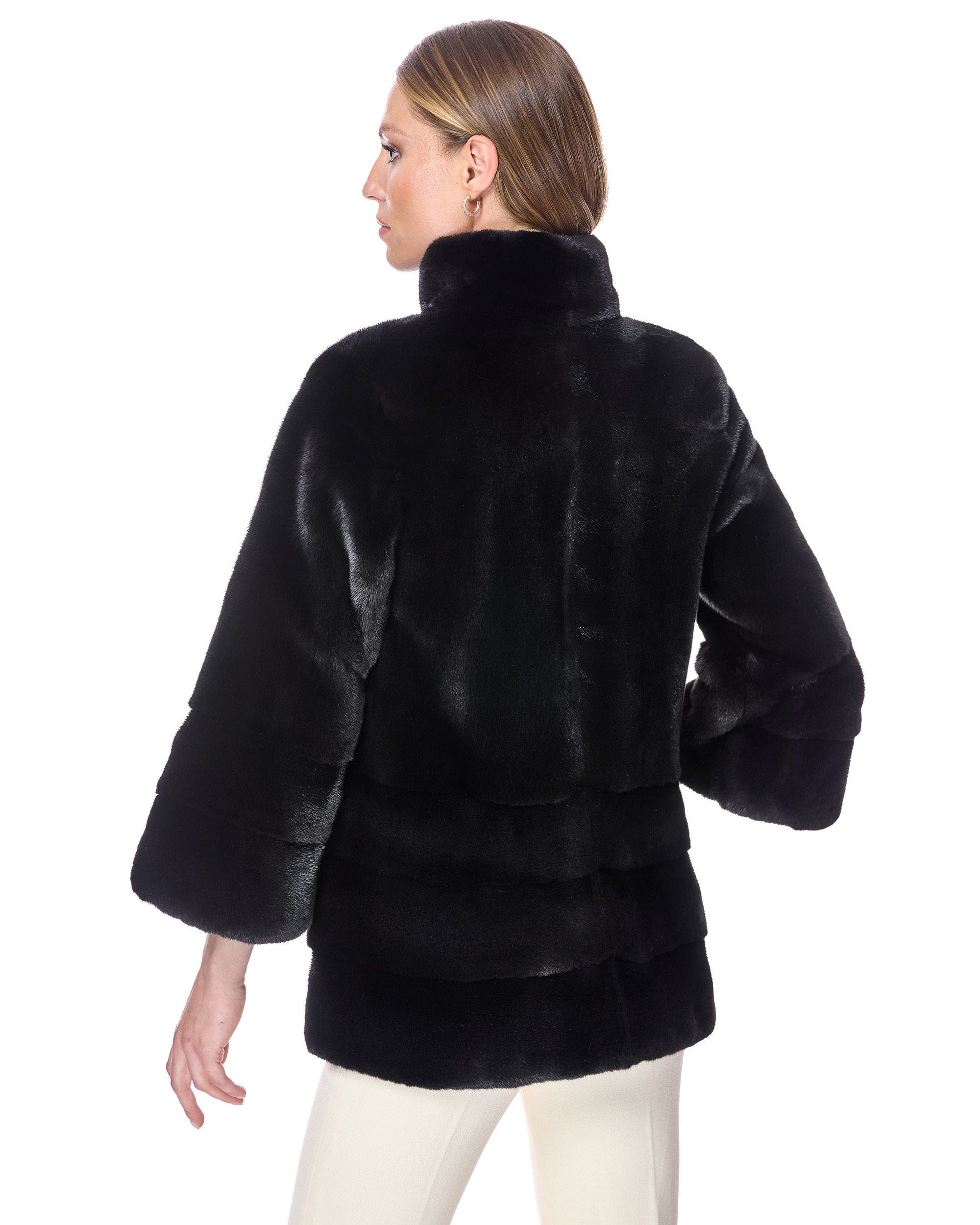 Chaqueta de pelo de mujer de visón con bajo y puños en horizontal - Maximilian - Negro Negro-3