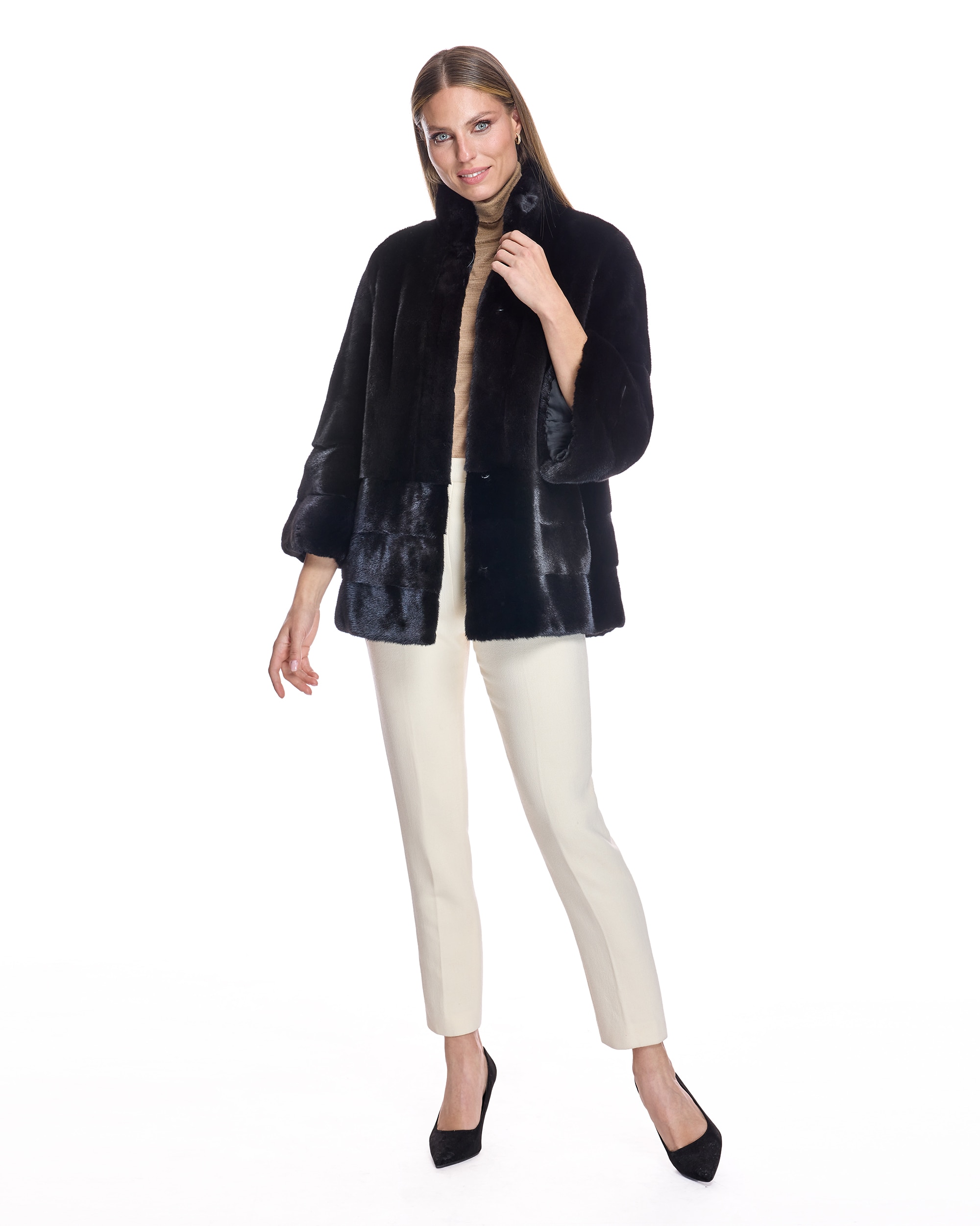 Chaqueta de pelo de mujer de visón con bajo y puños en horizontal - Maximilian - Negro Negro-4