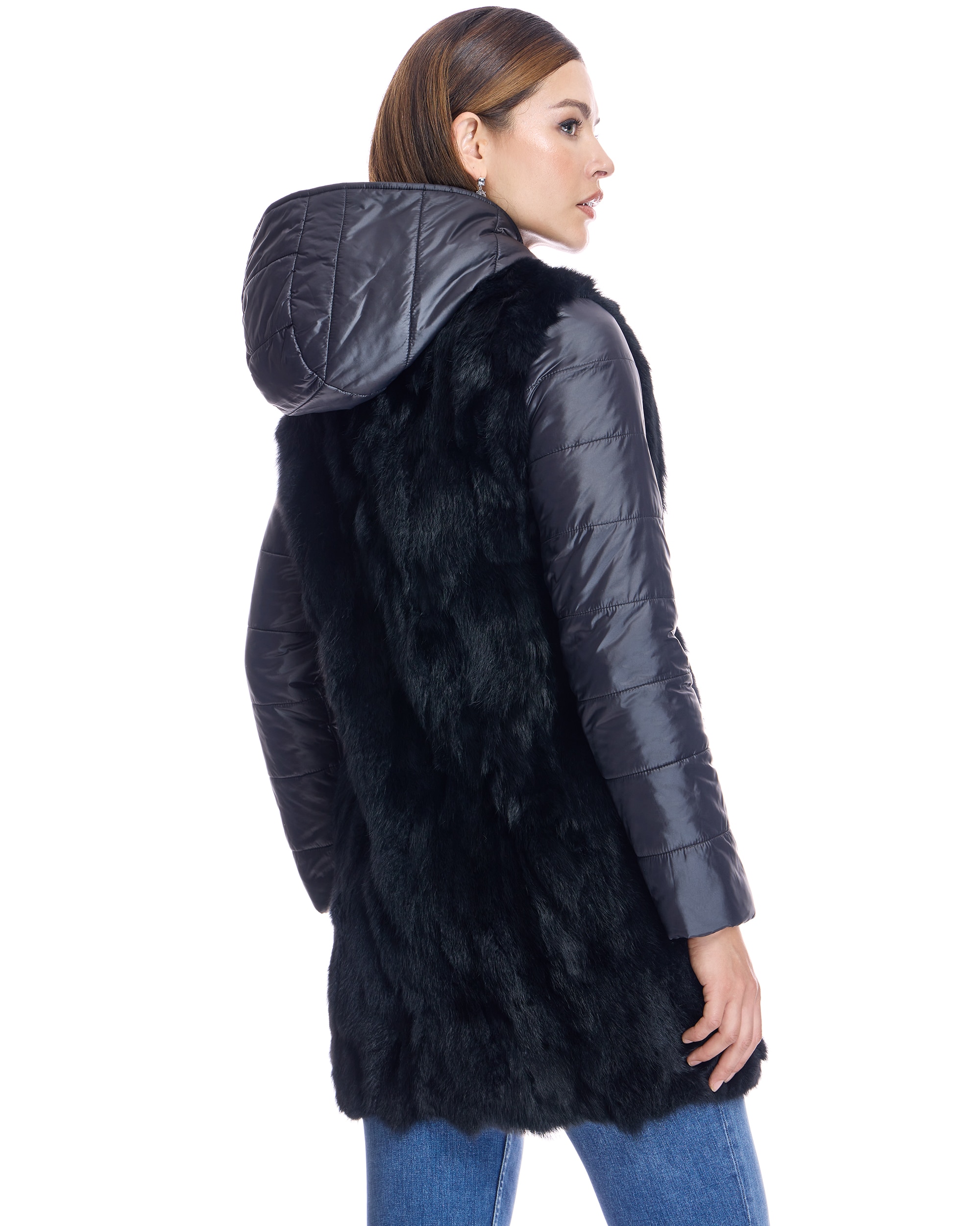 Abrigo de pelo de mujer de conejo con capucha y mangas acolchadas - Maximilian - Negro Negro-3