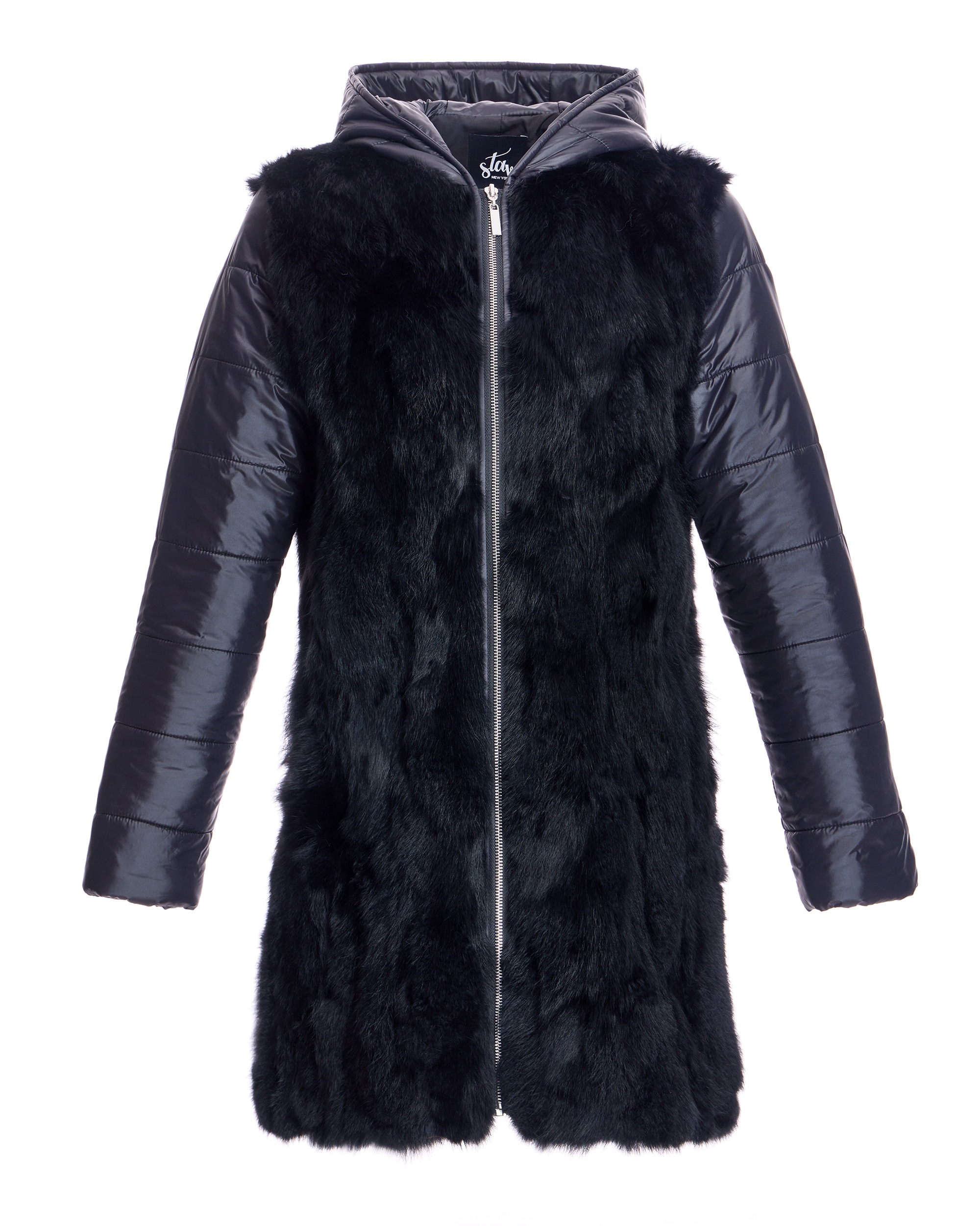Abrigo de pelo de mujer de conejo con capucha y mangas acolchadas - Maximilian - Negro Negro-6
