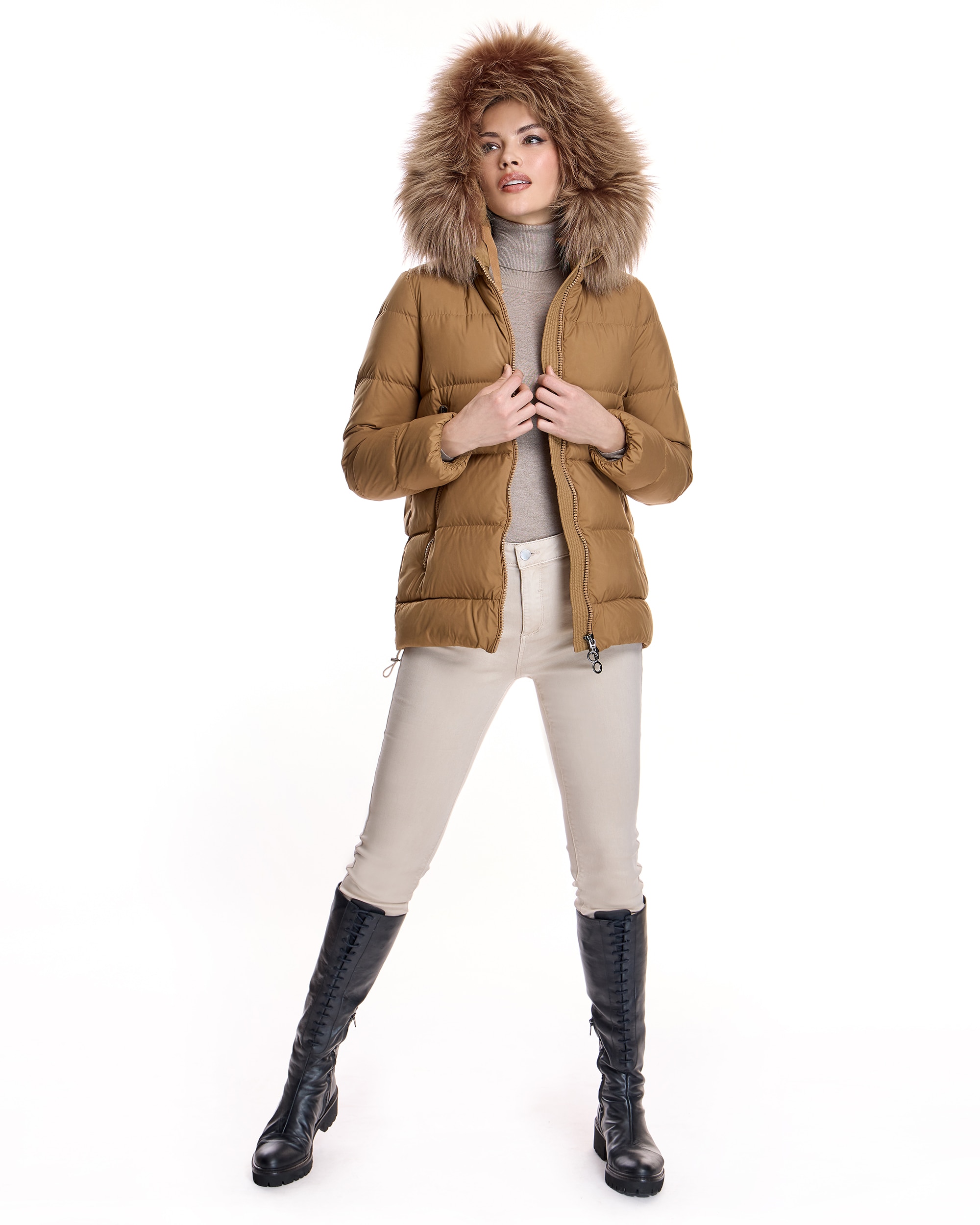Plumífero de mujer con capucha ribeteada de raccoon - Maximilian - Camel Camel-4