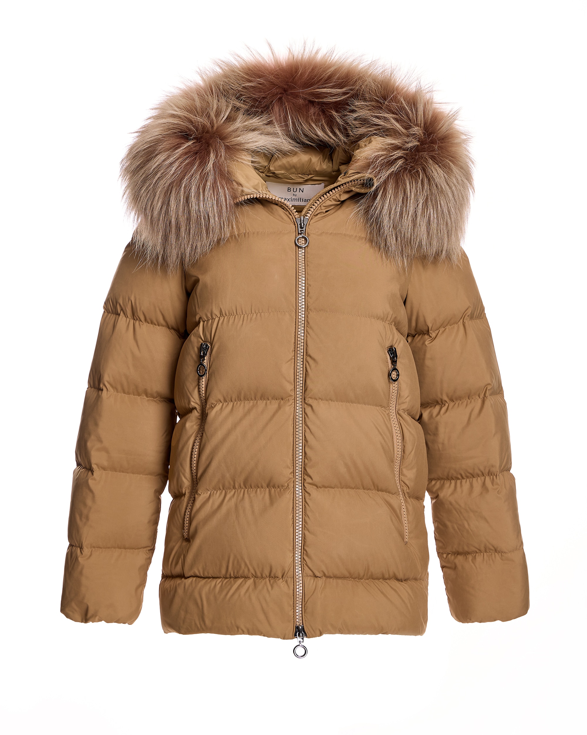 Plumífero de mujer con capucha ribeteada de raccoon - Maximilian - Camel Camel-7
