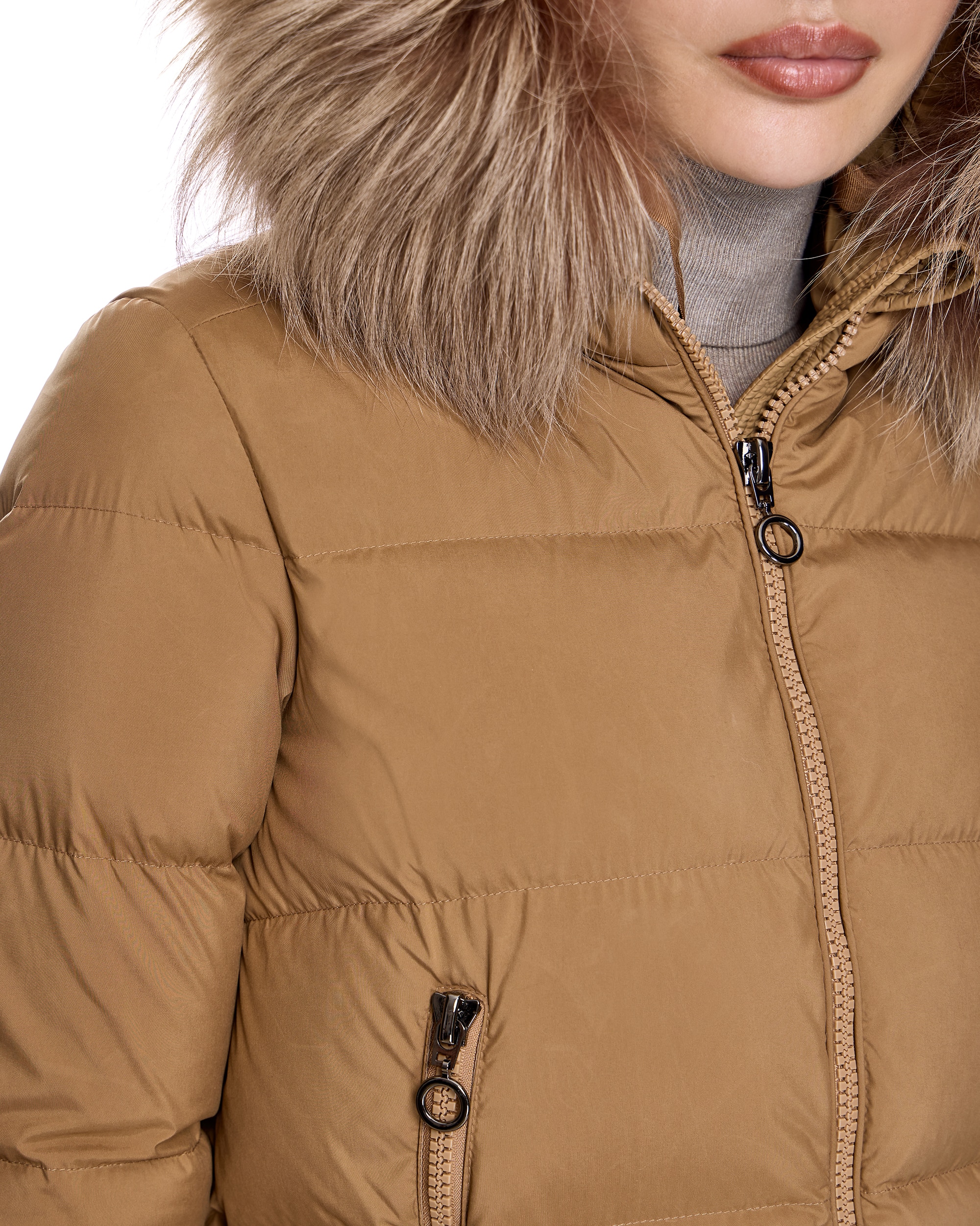 Plumífero de mujer con capucha ribeteada de raccoon - Maximilian - Camel Camel-5