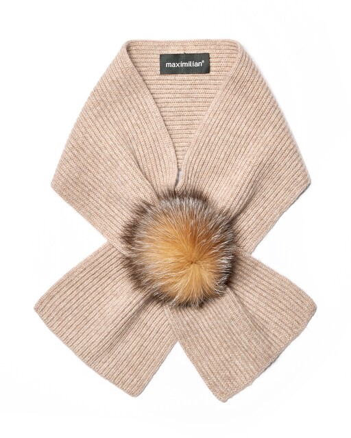 Imagen 0 de Bufanda de pelo de lana y cashmere con pompón de zorro en color marrón