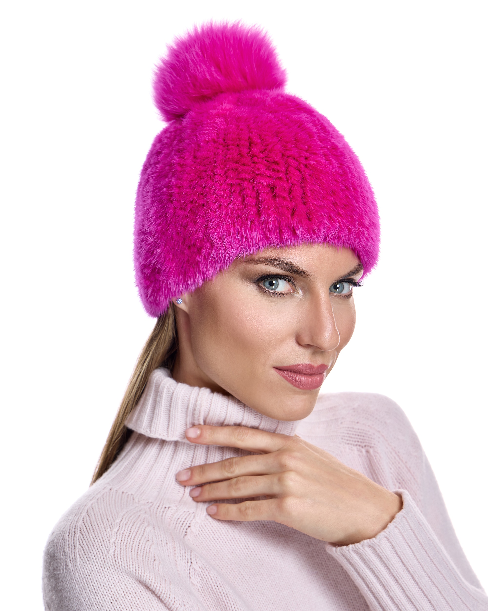 Gorro de pelo de visón con pompón de zorro en color - Maximilian - Fucsia Fucsia-3