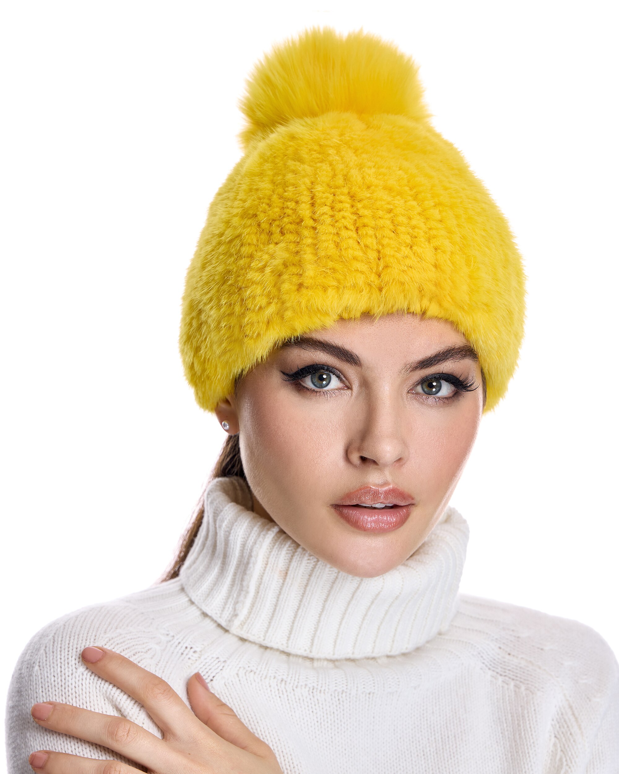 Gorro de pelo de visón con pompón de zorro en color - Maximilian - Amarillo Amarillo-3