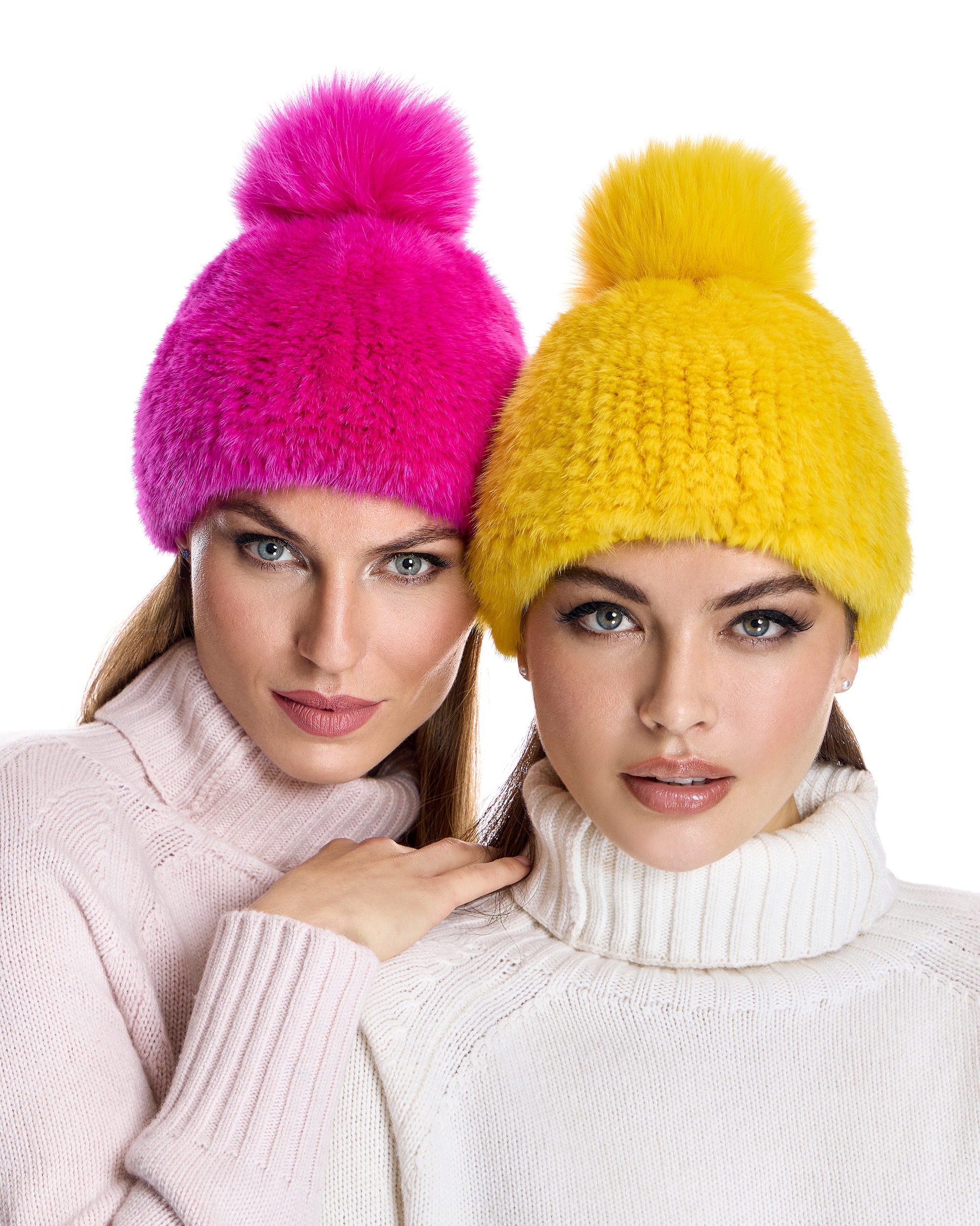 Gorro de pelo de visón con pompón de zorro en color - Maximilian - Amarillo Amarillo-4