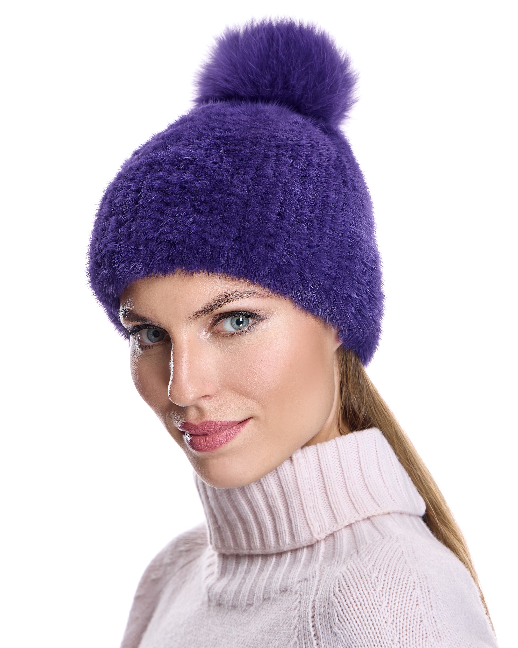 Gorro de pelo de visón con pompón de zorro en color - Maximilian - Púrpura Púrpura-3