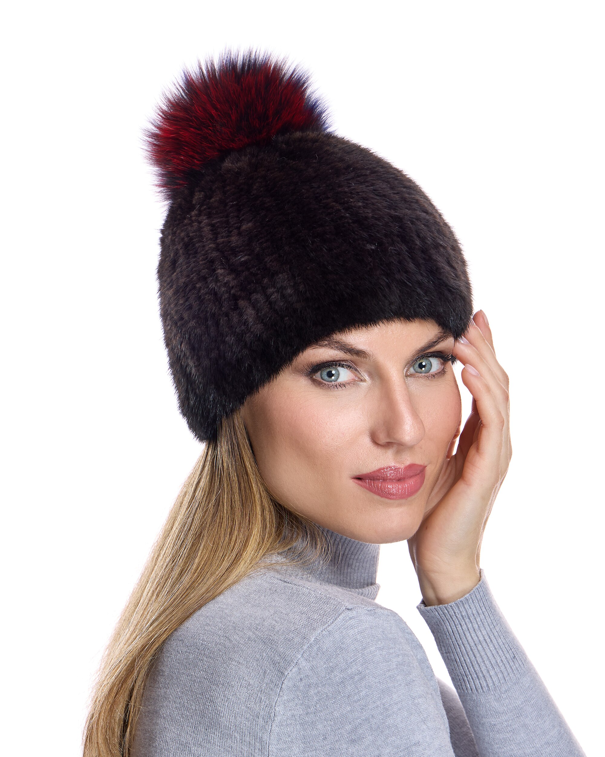 Gorro de pelo de visón en color marrón con pompón de zorro - Maximilian - Marrón Marrón-3