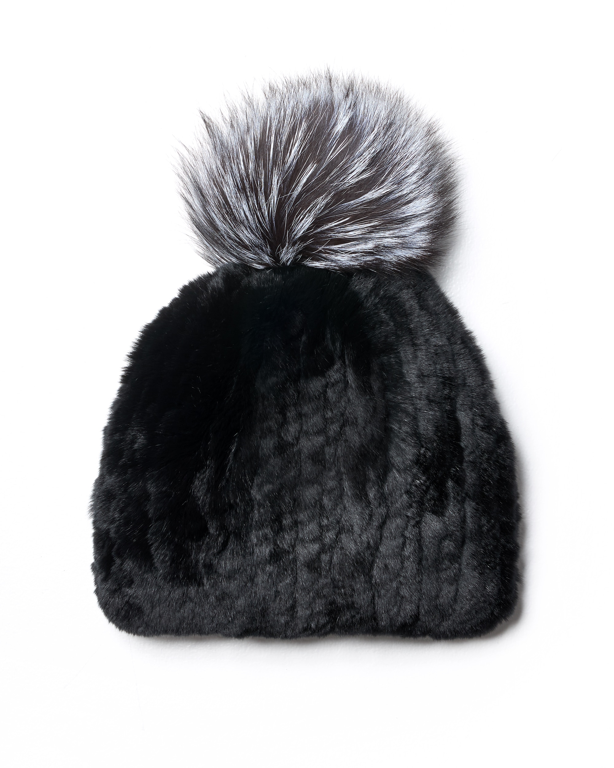 Gorro de pelo de rex en color negro con pompón de zorro plateado - Maximilian - Negro / Plata Negro / Plata-1