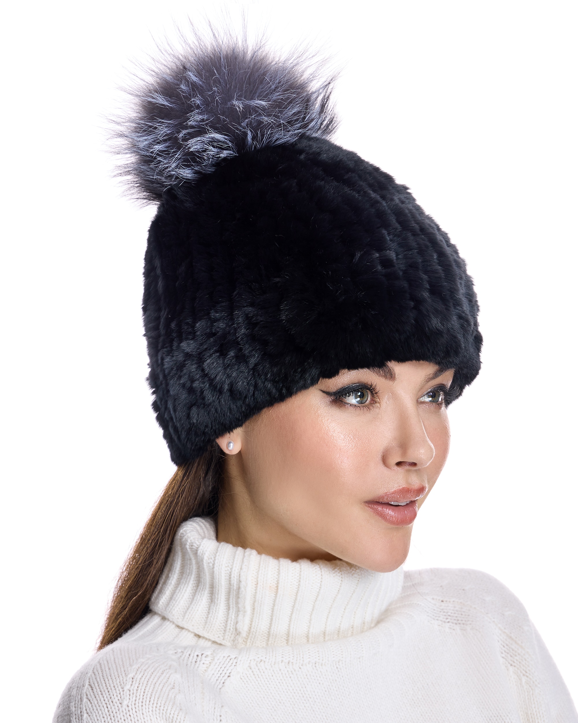 Gorro de pelo de rex en color negro con pompón de zorro plateado - Maximilian - Negro / Plata Negro / Plata-3