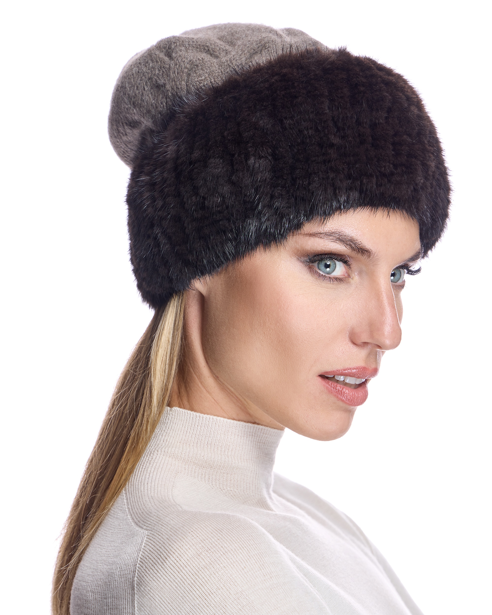 Gorro de pelo de lana con retales de visón tricotados en color marrón - Maximilian - Marrón claro Marrón claro-3