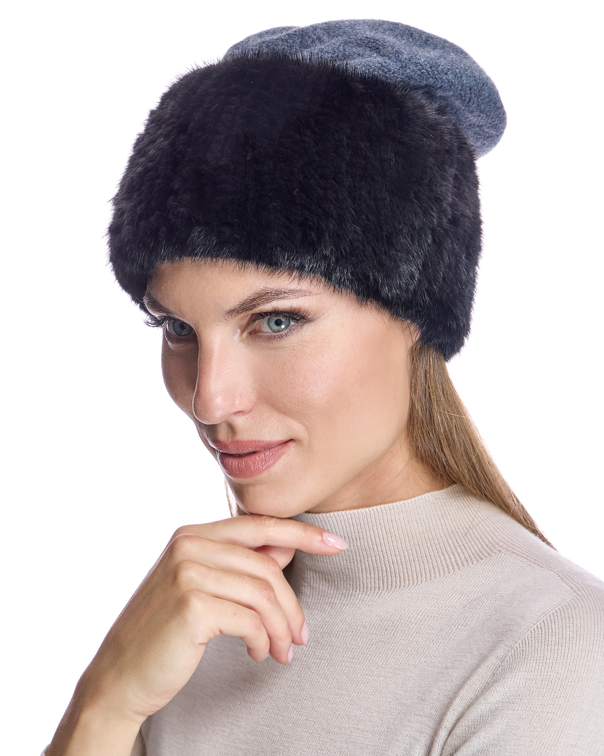 Gorro de pelo de lana con retales de visón tricotados en color gris - Maximilian - Gris / Negro Gris / Negro-3