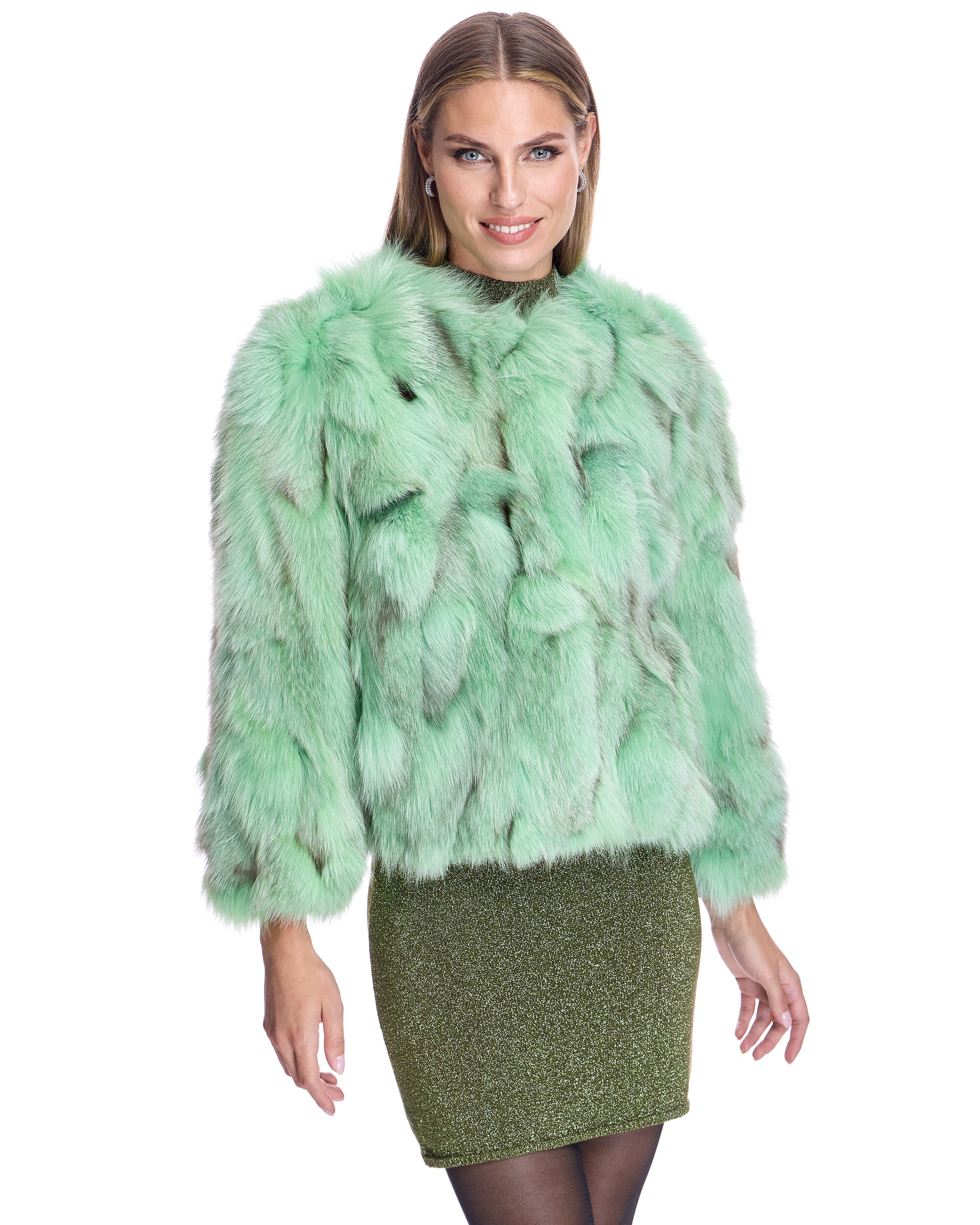 Chaqueta de pelo de mujer de retales de zorro sin cuello - Maximilian - Verde claro Verde claro-1