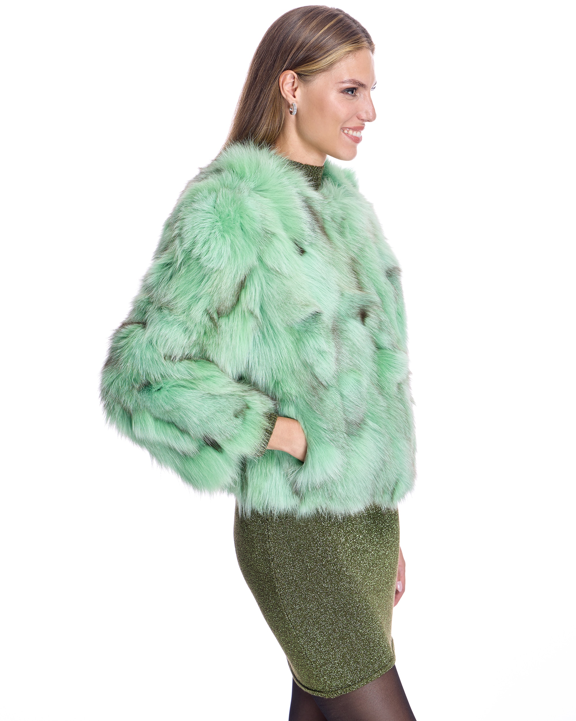 Chaqueta de pelo de mujer de retales de zorro sin cuello - Maximilian - Verde claro Verde claro-2