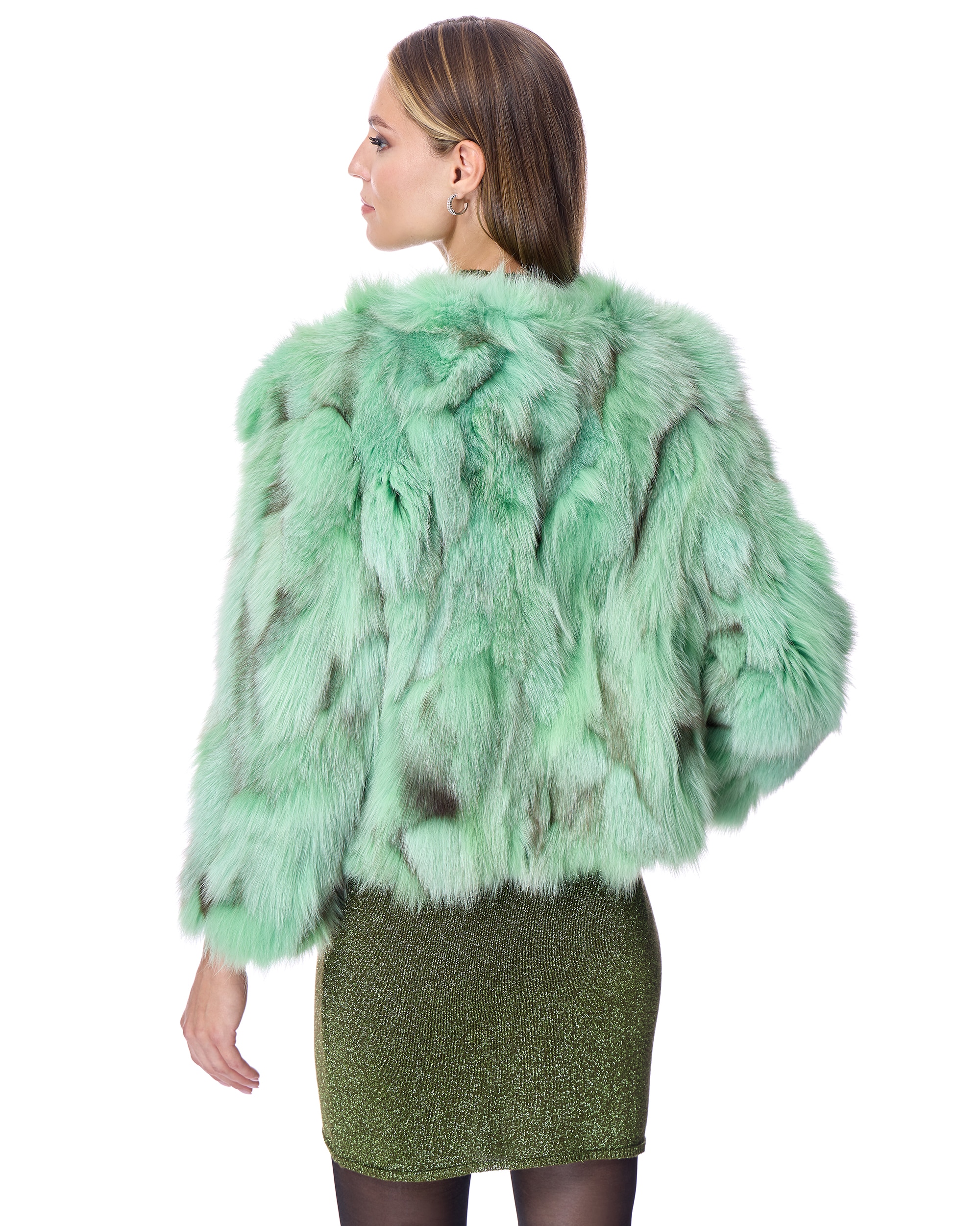 Chaqueta de pelo de mujer de retales de zorro sin cuello - Maximilian - Verde claro Verde claro-3