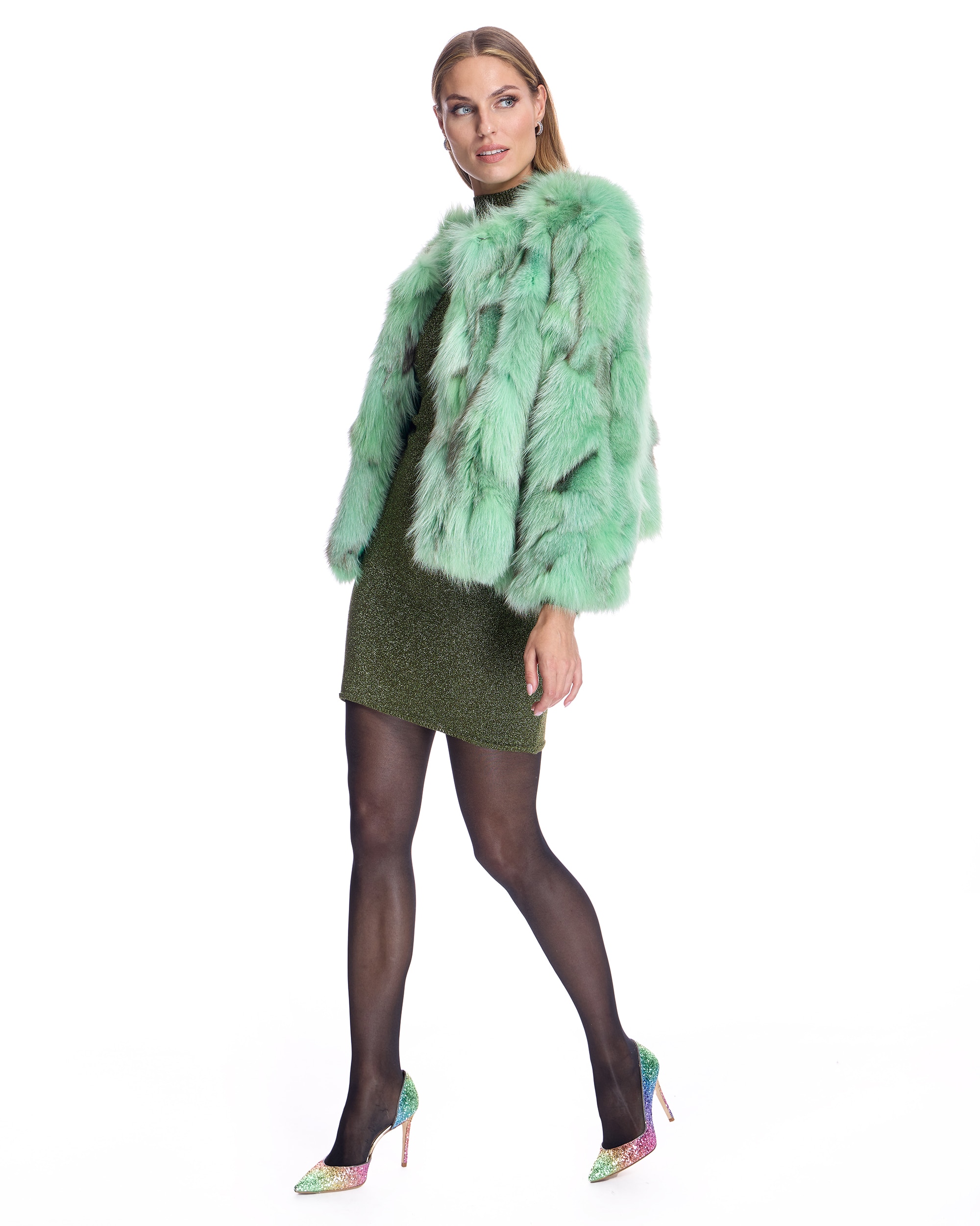 Chaqueta de pelo de mujer de retales de zorro sin cuello - Maximilian - Verde claro Verde claro-4