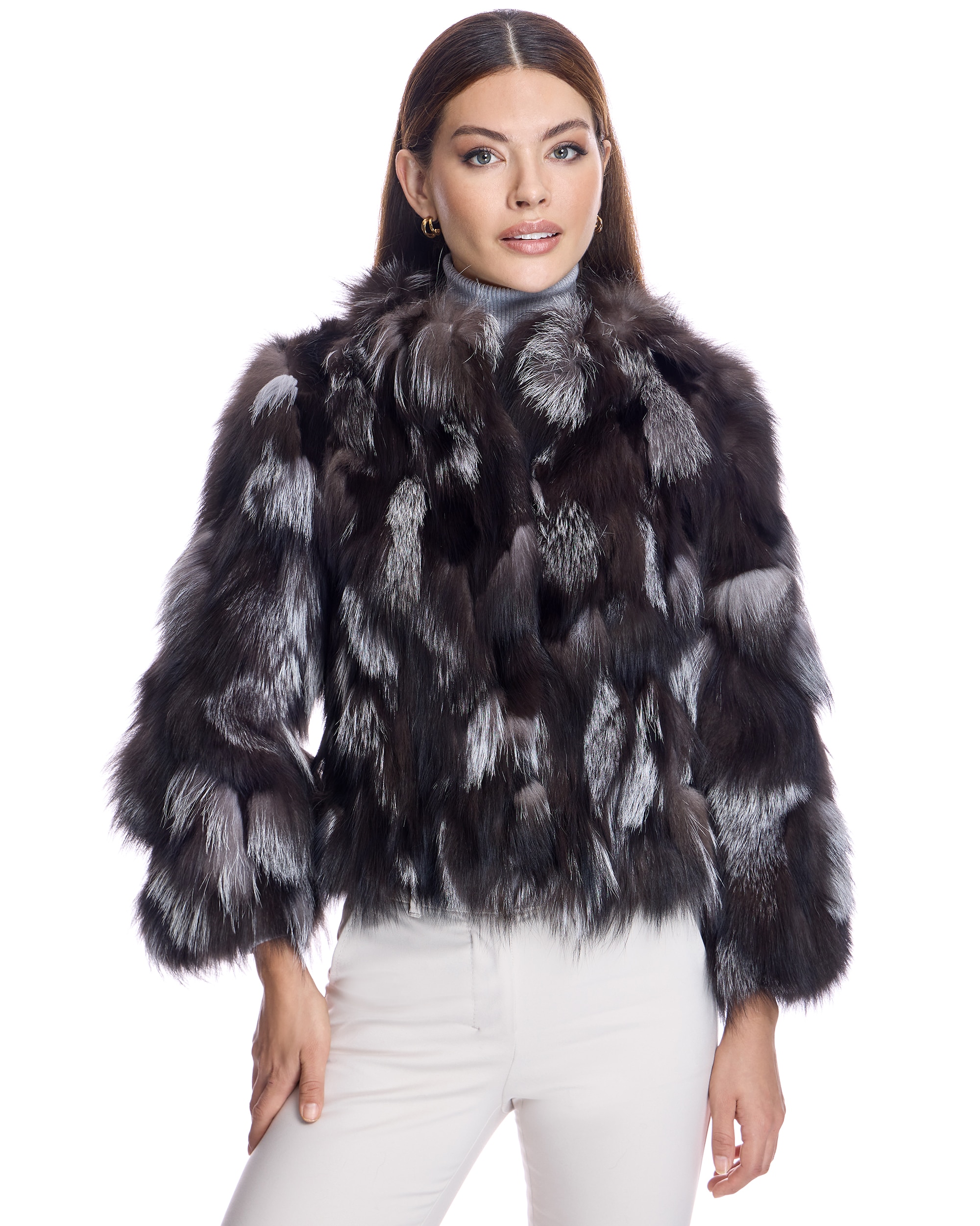Chaqueta de pelo de mujer de retales de zorro sin cuello - Maximilian - Gris oscuro Gris oscuro-1