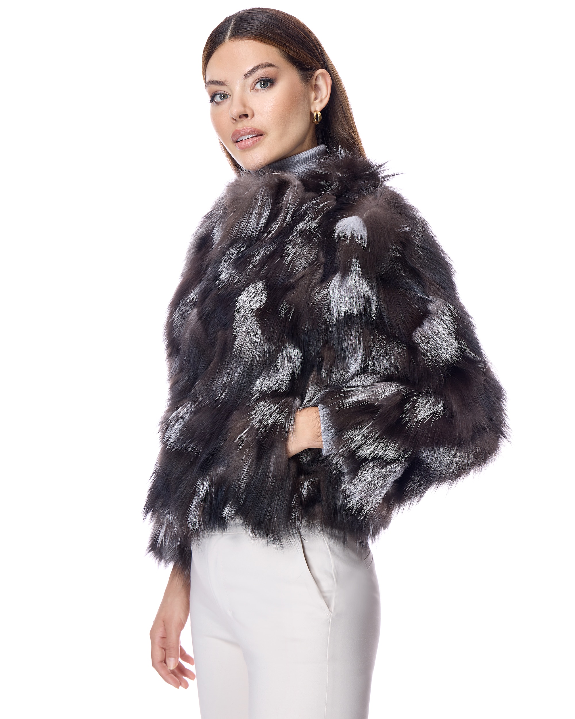 Chaqueta de pelo de mujer de retales de zorro sin cuello - Maximilian - Gris oscuro Gris oscuro-2