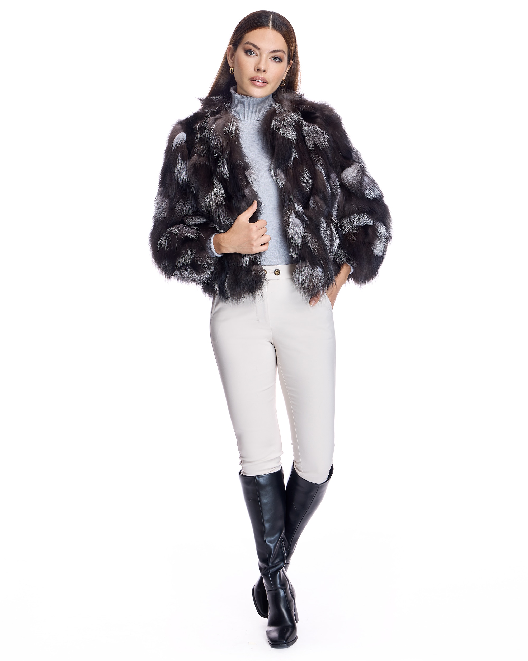 Chaqueta de pelo de mujer de retales de zorro sin cuello - Maximilian - Gris oscuro Gris oscuro-4