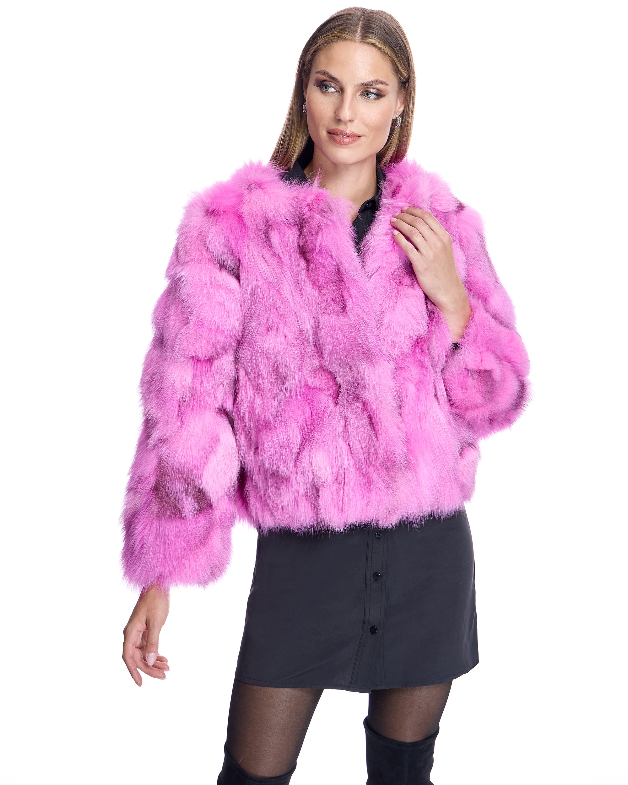 Chaqueta de pelo de mujer de retales de zorro sin cuello - Maximilian - Fucsia Fucsia-1