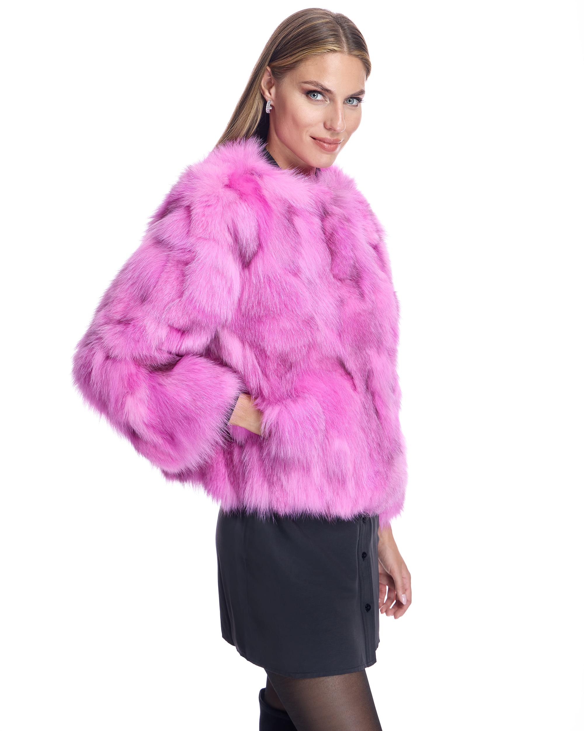 Chaqueta de pelo de mujer de retales de zorro sin cuello - Maximilian - Fucsia Fucsia-2