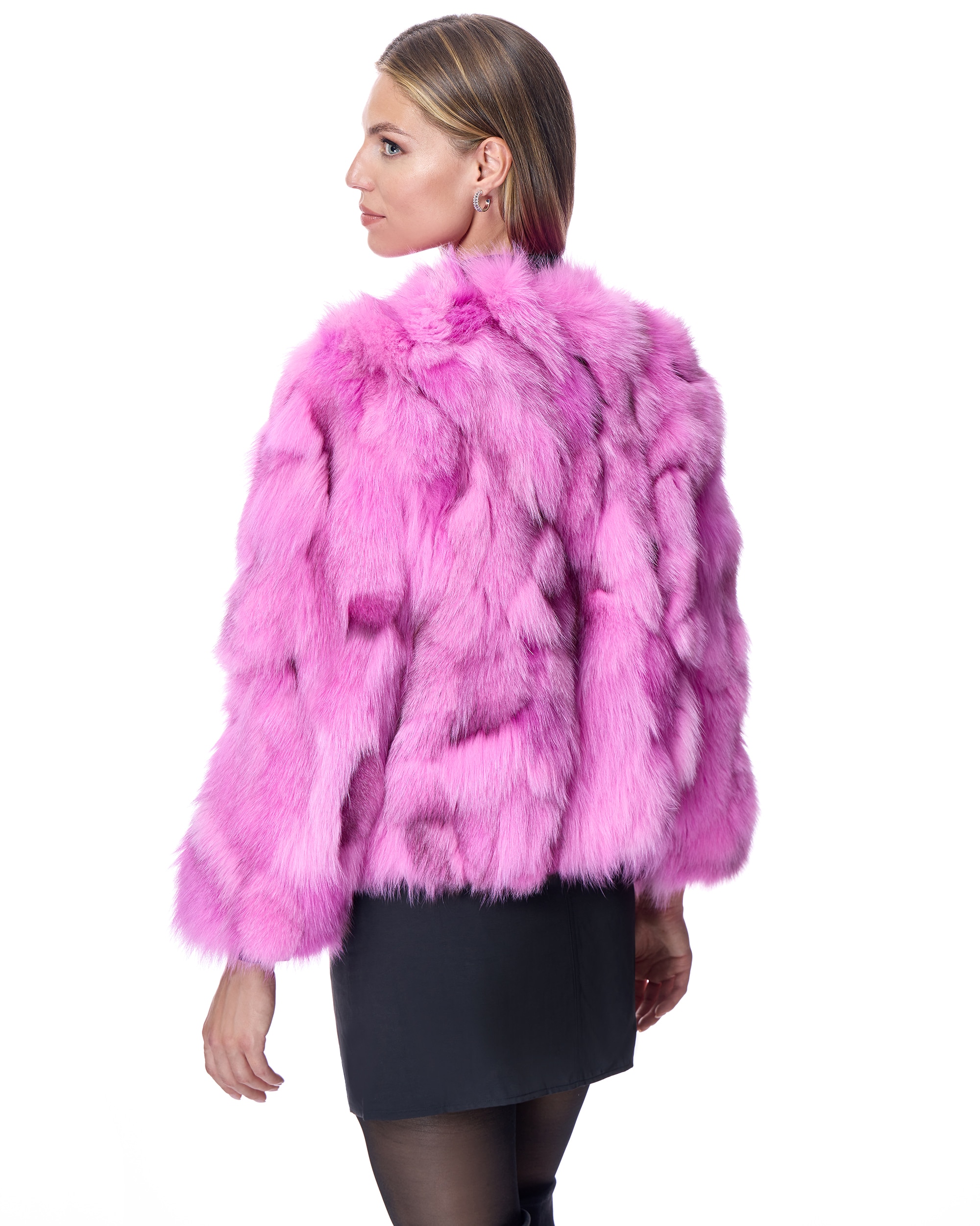 Chaqueta de pelo de mujer de retales de zorro sin cuello - Maximilian - Fucsia Fucsia-3
