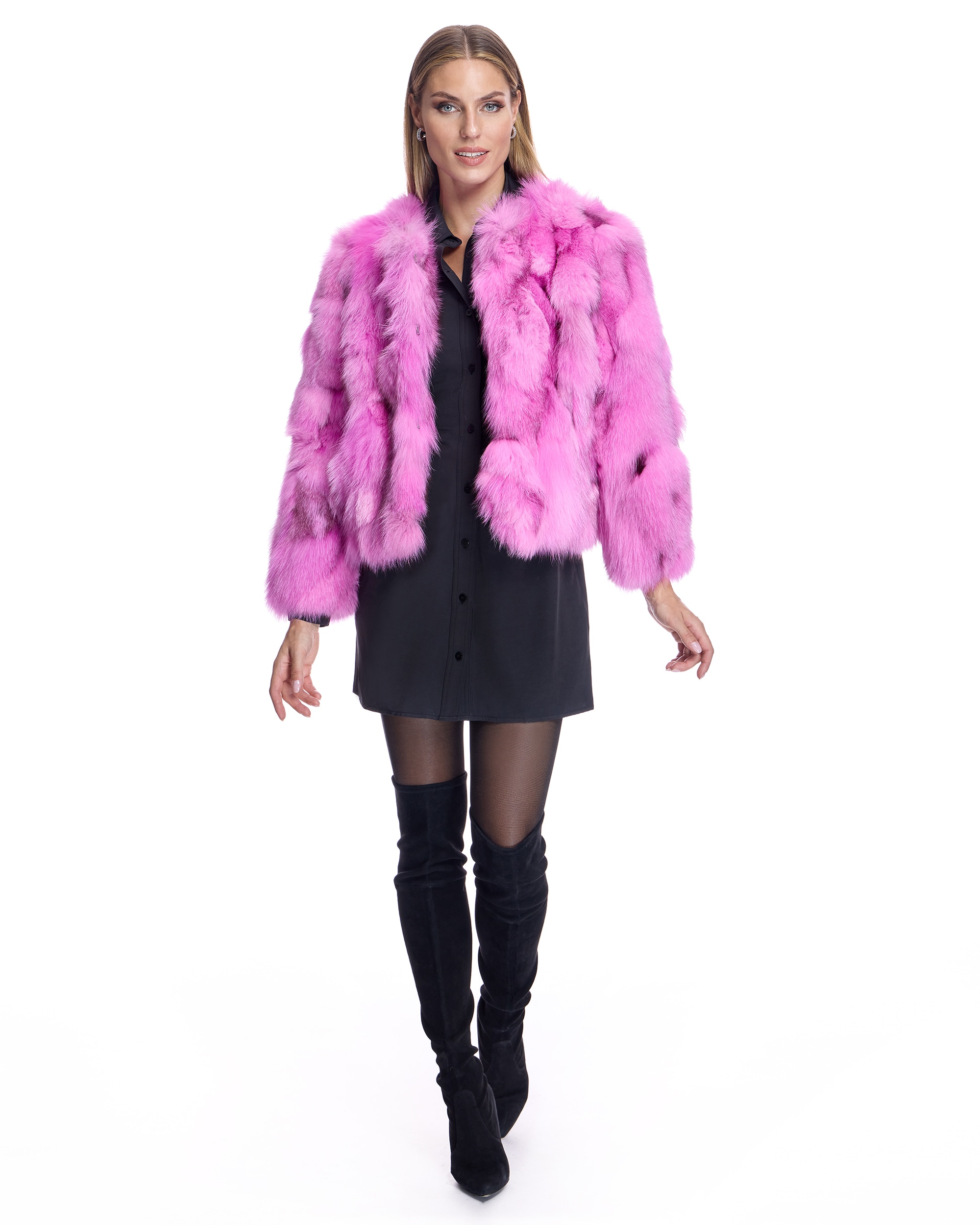 Chaqueta de pelo de mujer de retales de zorro sin cuello - Maximilian - Fucsia Fucsia-4