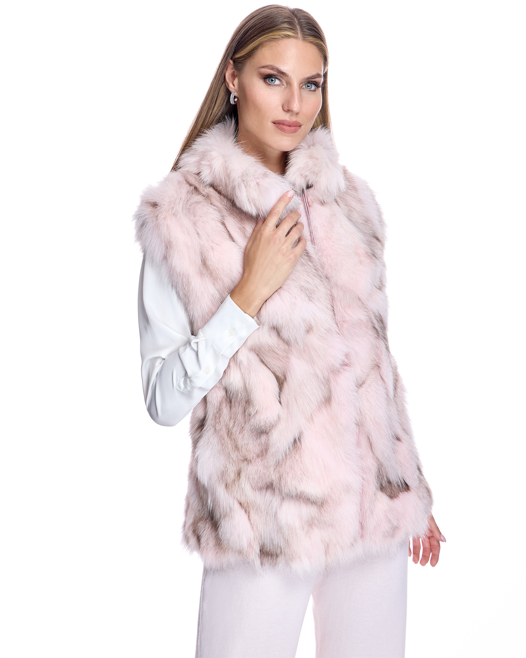 Chaleco de mujer de pelo de zorro con cuello alto y cremallera - Maximilian - Rosa Rosa-1