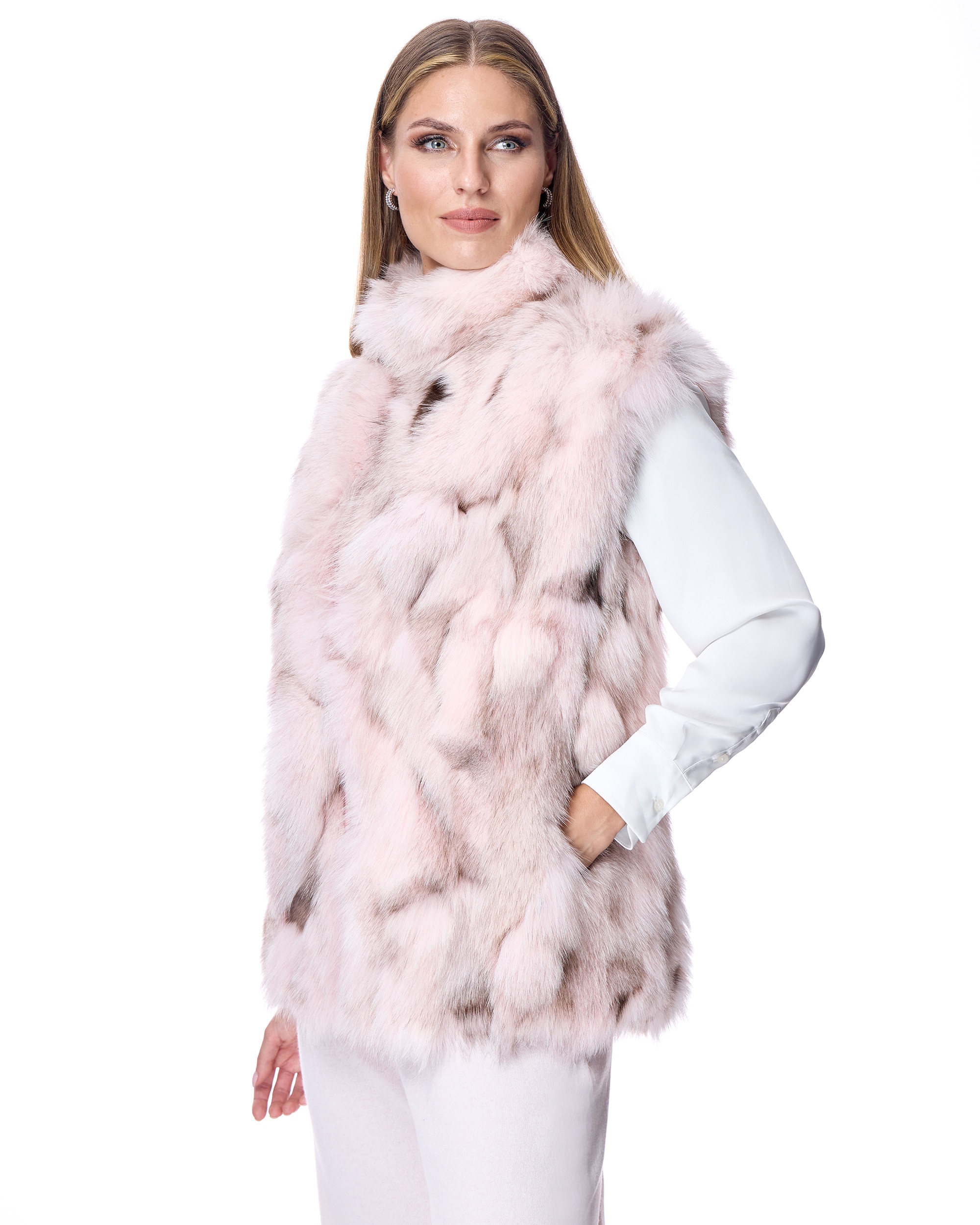 Chaleco de mujer de pelo de zorro con cuello alto y cremallera - Maximilian - Rosa Rosa-2