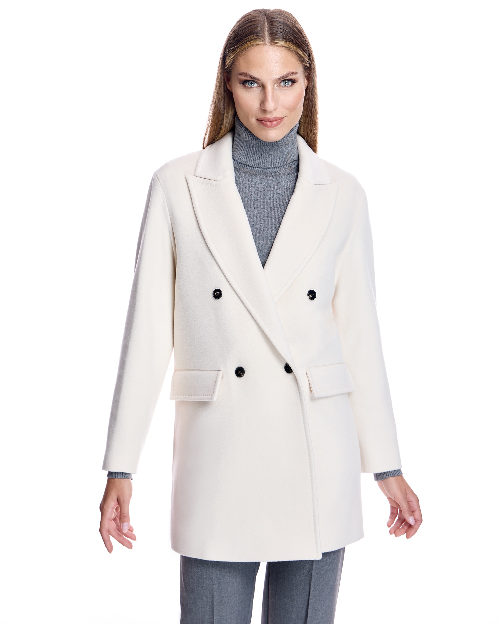 Abrigo de paño de mujer de mezcla de cashmere con cuello smoking - Maximilian - Crema Crema-1