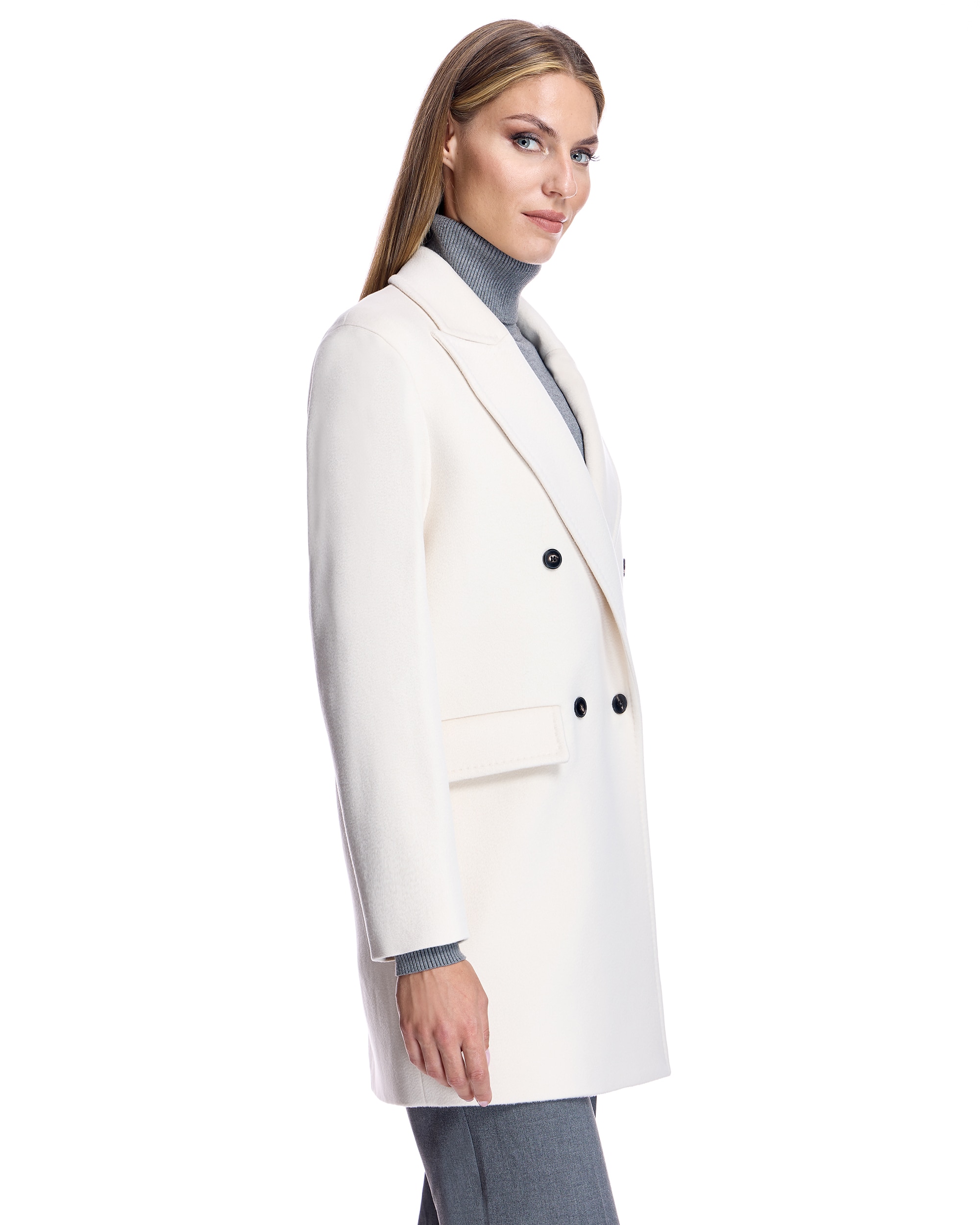 Abrigo de paño de mujer de mezcla de cashmere con cuello smoking - Maximilian - Crema Crema-2