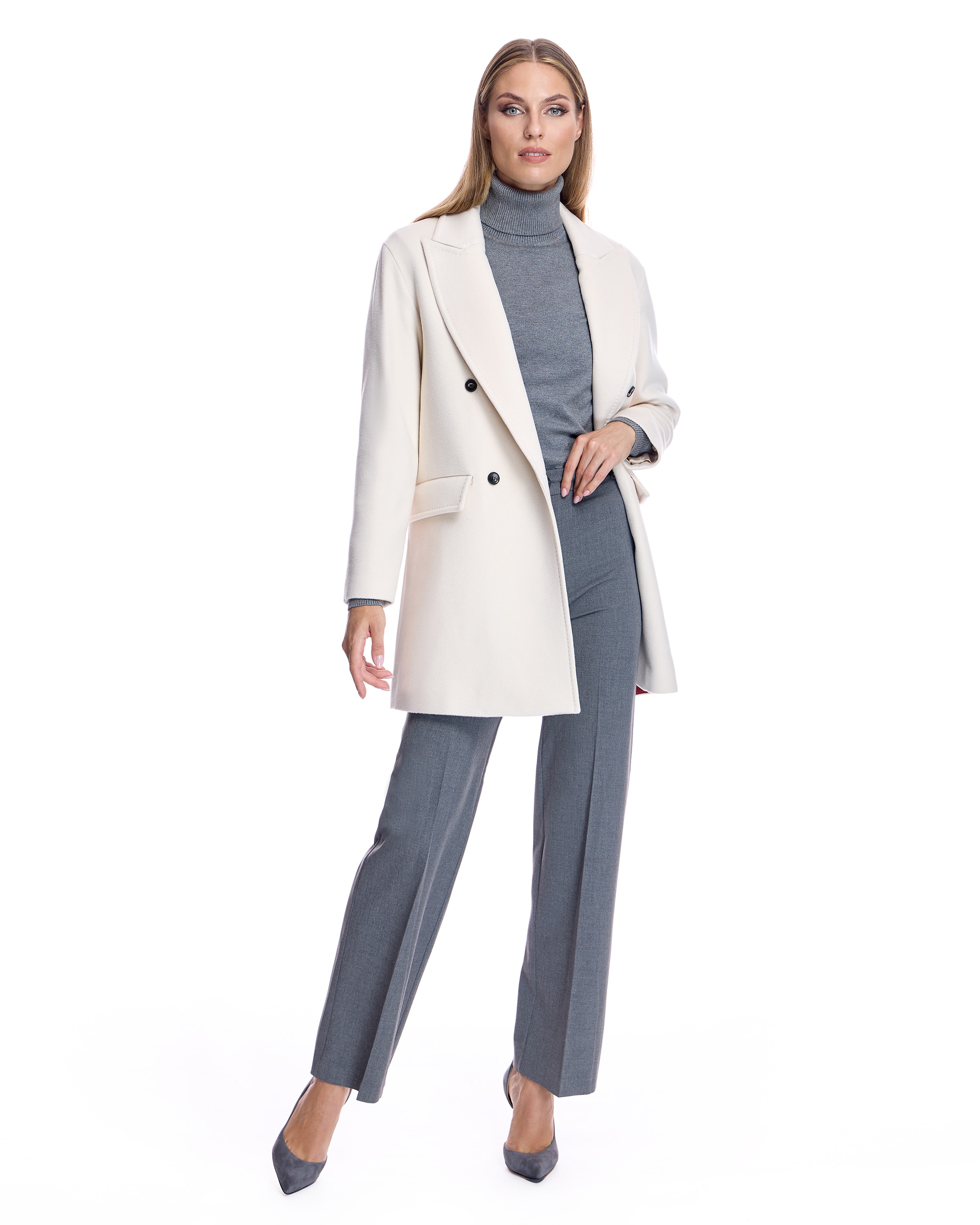 Abrigo de paño de mujer de mezcla de cashmere con cuello smoking - Maximilian - Crema Crema-4