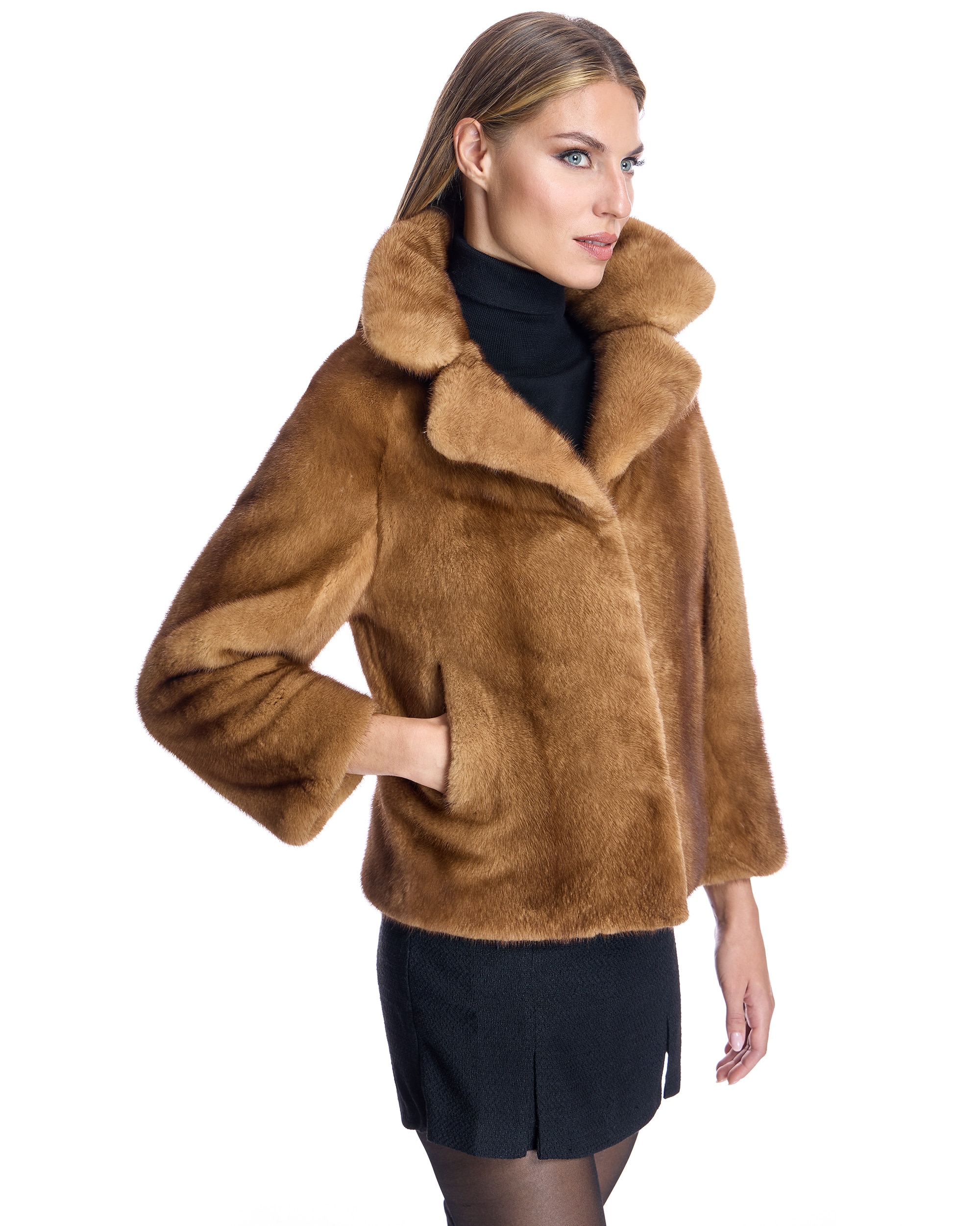 Chaqueta de pelo de mujer de visón con cuello solapa - Maximilian - Marrón claro Marrón claro-2