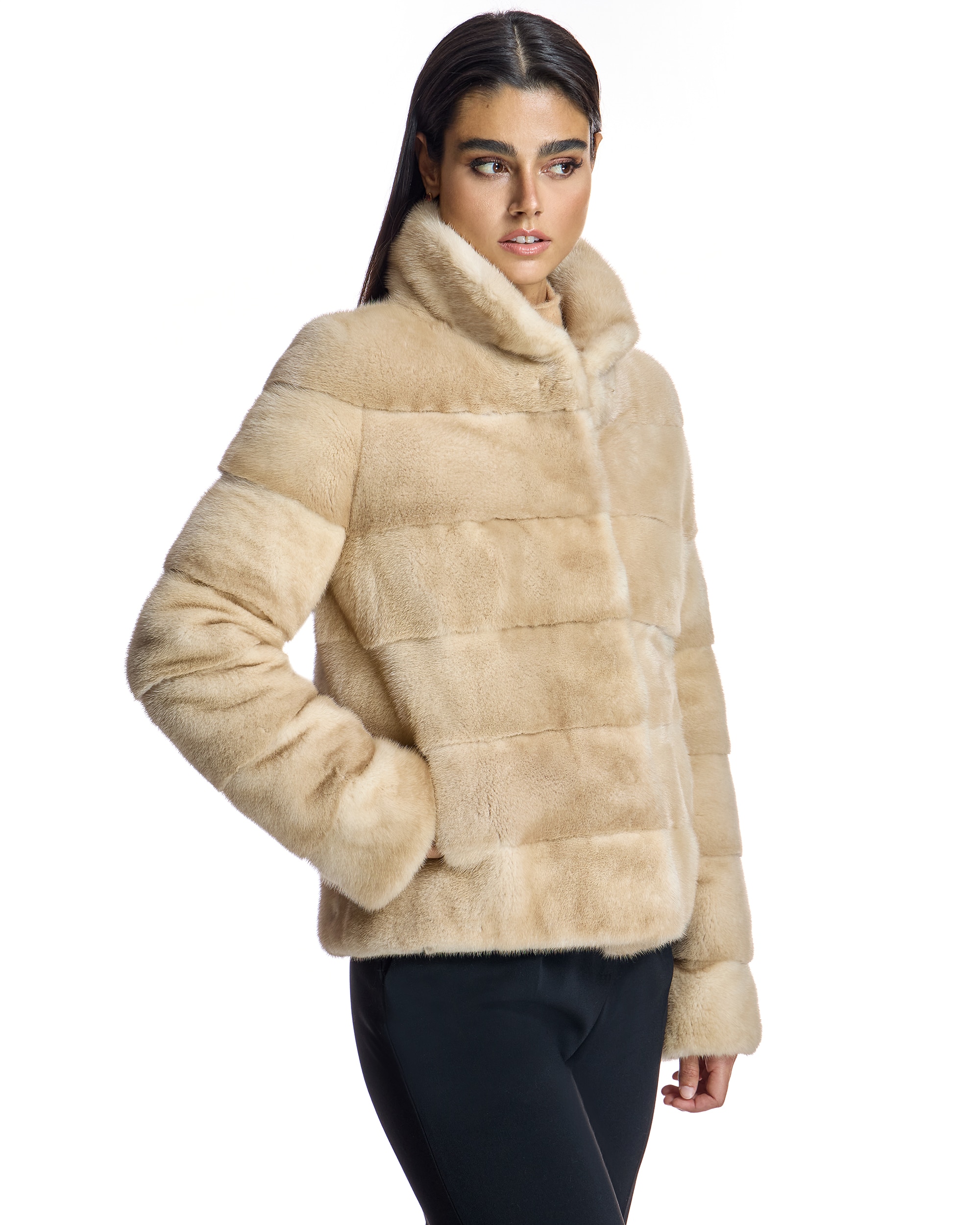 Chaqueta de mujer de pelo de visón horizontal - Maximilian - Crema Crema-2