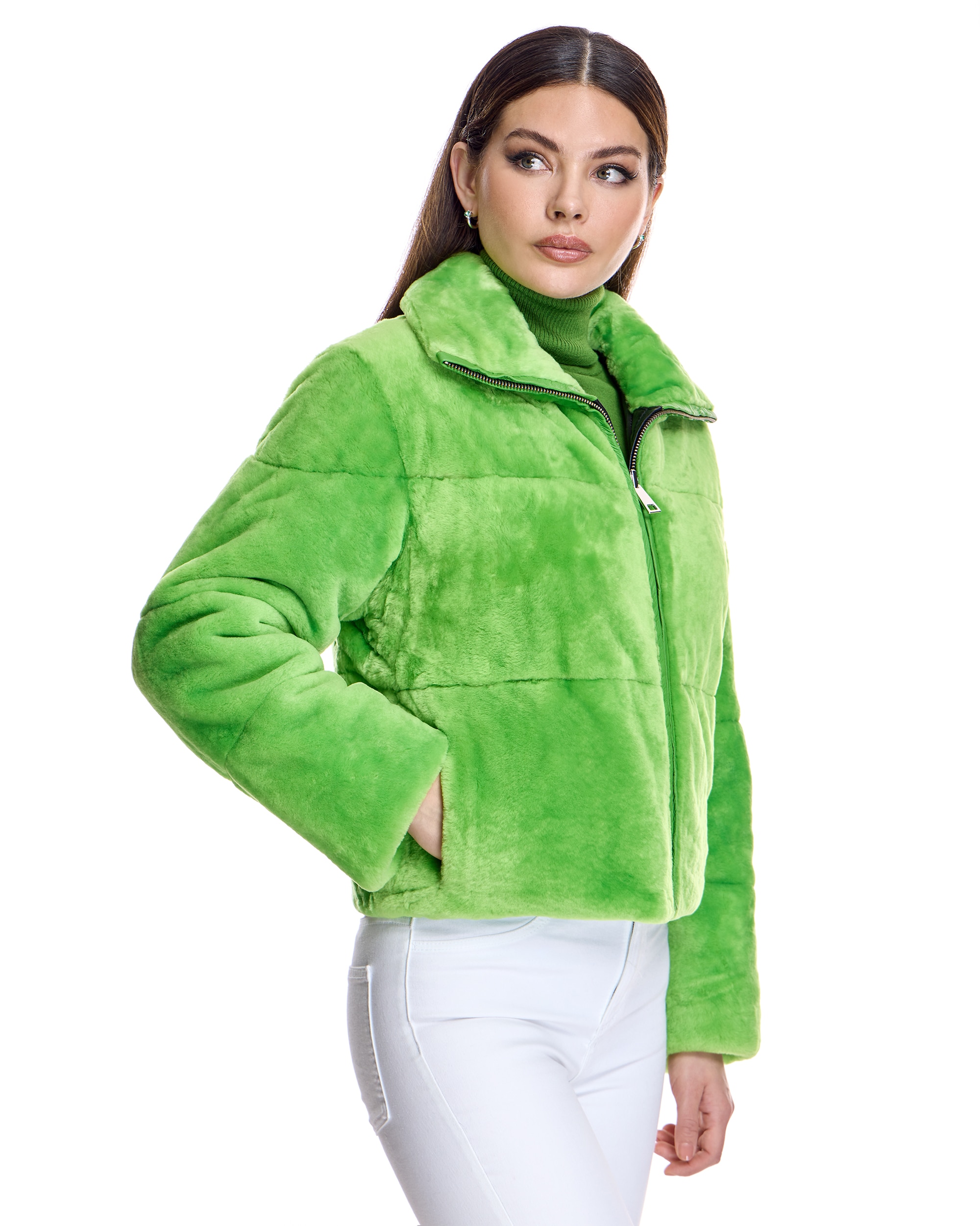 Chaqueta de pelo de mujer reversible de cordero - Maximilian - Verde claro Verde claro-2